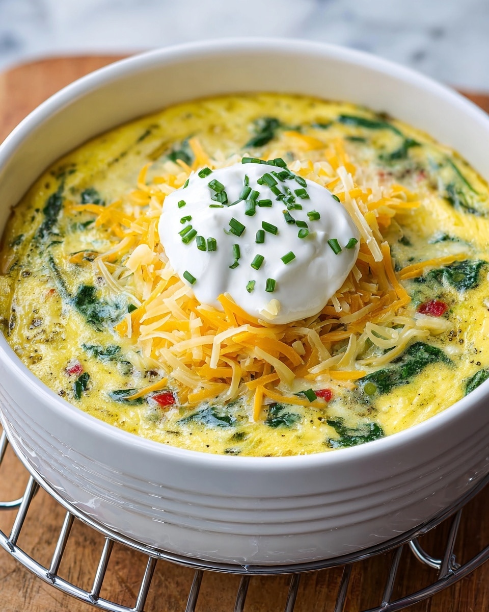 A white bowl holds a three-layer dish: the bottom layer is a fluffy yellow egg mixture with pieces of green spinach and small red bits, giving a soft texture. The middle layer is a pile of shredded yellow and white cheese, placed in the center. On top, there is a dollop of smooth white sour cream sprinkled with small chopped green chives. The bowl sits on a metal rack over a wooden surface, but the background is changed to a white marbled texture. Photo taken with an iphone --ar 4:5 --v 7