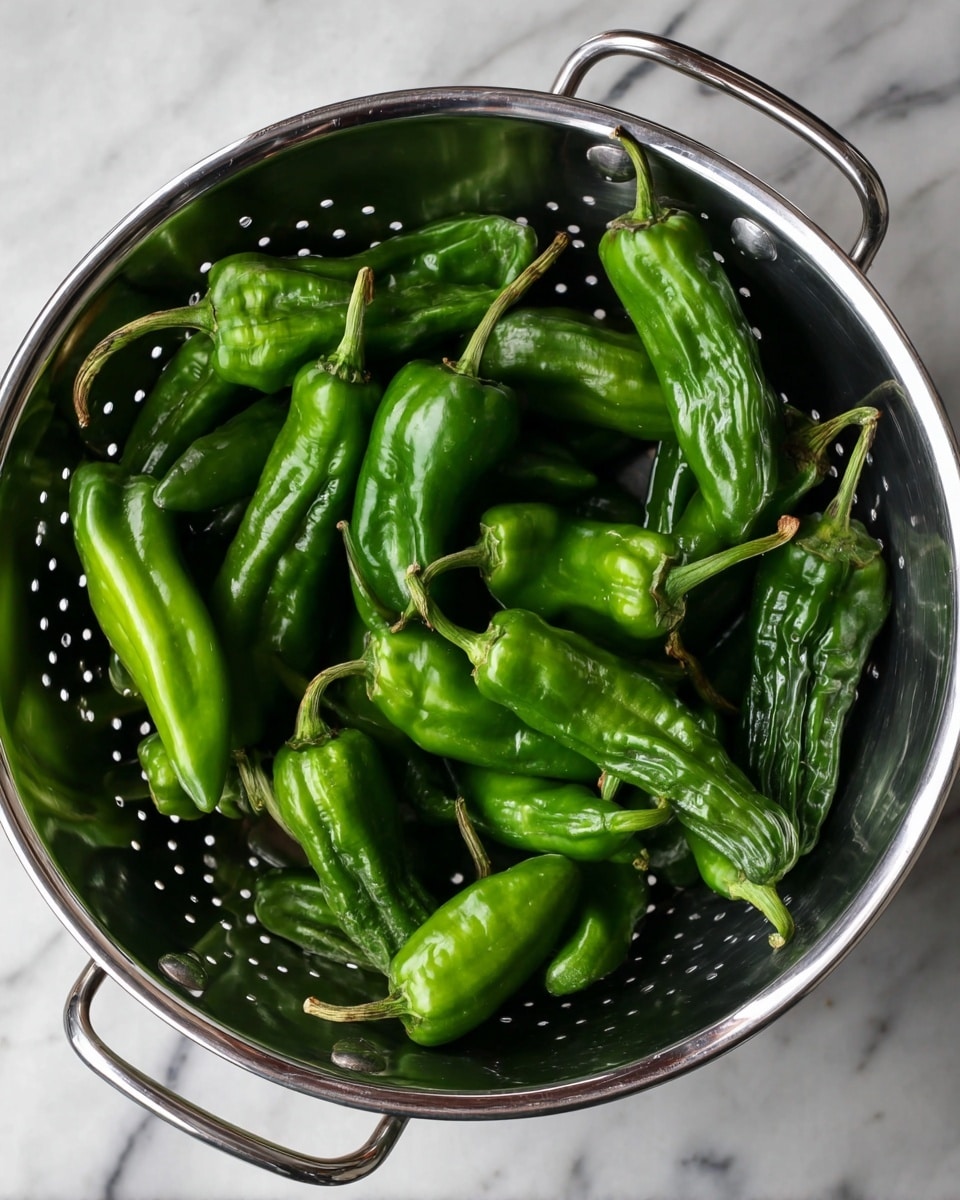 A shiny silver metal colander filled with fresh, glossy green peppers is shown from above. The peppers have a smooth, slightly wrinkled texture and vary in size, with their stems attached. The colander has small round holes and two handles on the sides. The colander is placed on a white marbled surface. photo taken with an iphone --ar 4:5 --v 7