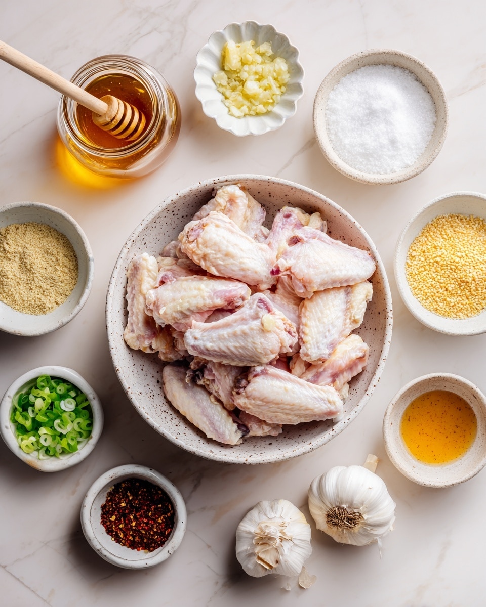 The image shows a large white speckled bowl in the center filled with raw chicken wings arranged in a slightly overlapping circle, their pale pink skin visible. Surrounding the bowl on a white marbled surface are small white and speckled bowls and containers, each holding various ingredients: minced garlic with a light yellow color, a glass jar with rich amber honey and a wooden dipper, white baking powder, light amber sesame oil, light brown sesame seeds, pale yellow onion powder, finely grated yellow ginger, chopped bright green onions, white cornstarch, red pepper flakes, dark brown coconut aminos in a small jar, rice vinegar in a clear glass, water in a small container, and salt and black pepper mixed in a white scalloped dish. There are also three bulbs of fresh garlic placed near the garlic bowl. The setup is neat with a soft natural light. photo taken with an iphone --ar 4:5 --v 7