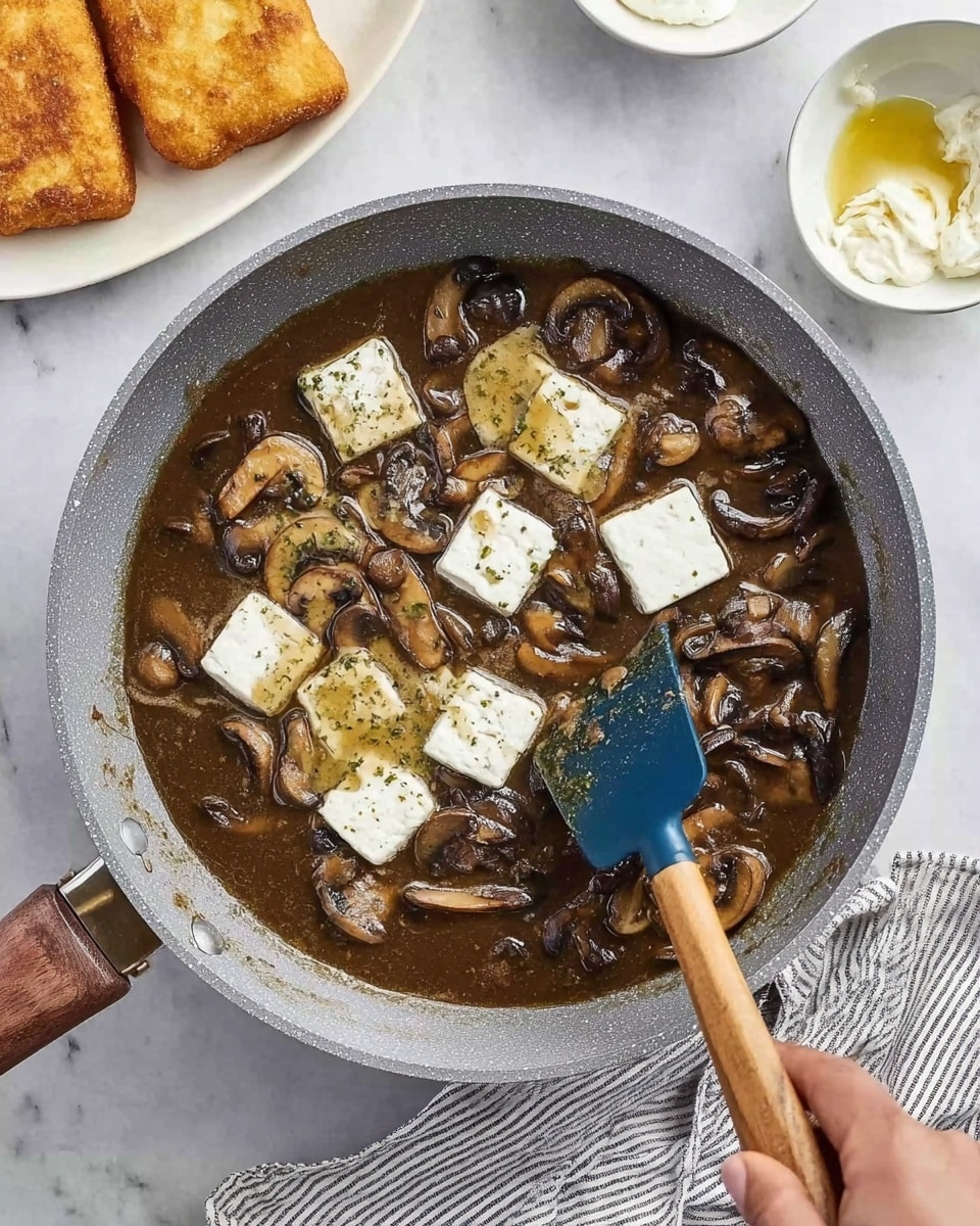 The image shows a close-up of a gray frying pan filled with a dark brown mushroom sauce made with sliced mushrooms. Four white blocks of cream cheese are melting on top, alongside a dollop of pale yellow mustard. A woman's hand is holding a blue spatula with a wooden handle, stirring the ingredients inside the pan. The pan sits on a white marbled surface with a striped cloth partially visible on the right edge. In the background, there is a white plate with two pieces of golden-brown fried food, a small white bowl, and another small white container with some yellow sauce residue inside. Photo taken with an iphone --ar 4:5 --v 7