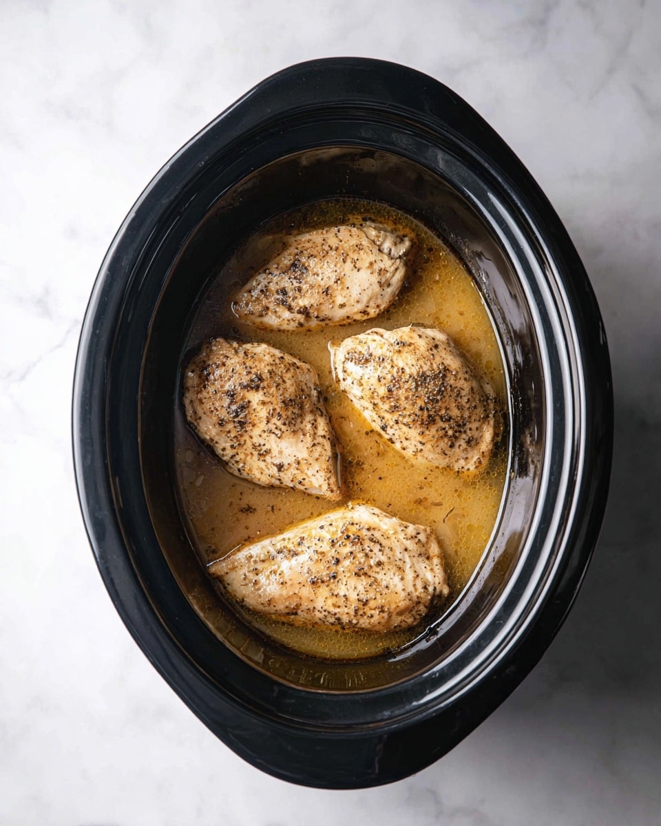 Three cooked chicken pieces with light brown color and black pepper seasoning lie in a thin layer of golden broth inside a black slow cooker. The slow cooker is placed on a smooth white marbled surface. The chicken pieces have a soft texture with some darker browned spots from seasoning and cooking. photo taken with an iphone --ar 4:5 --v 7