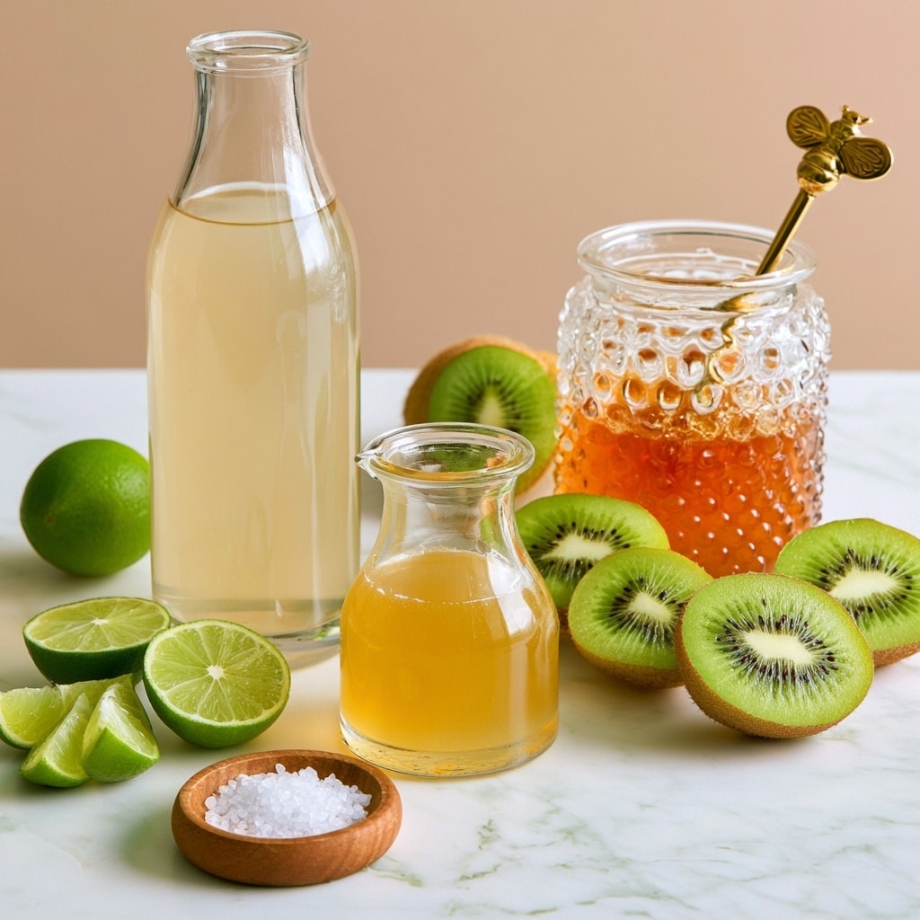 A clear glass bottle filled with light beige coconut water stands to the left, next to a small glass jug with golden aloe vera juice in front. To the right, a textured white glass jar holds rich orange honey with a gold bee-shaped spoon inside. Around these containers, bright green whole and sliced kiwis show their soft, light green inside and dark seeds. Fresh green lime halves and wedges rest near the bottom left, along with a small round wooden bowl filled with white salt grains. All items are arranged on a white marbled surface with a soft beige background. photo taken with an iphone --ar 4:5 --v 7