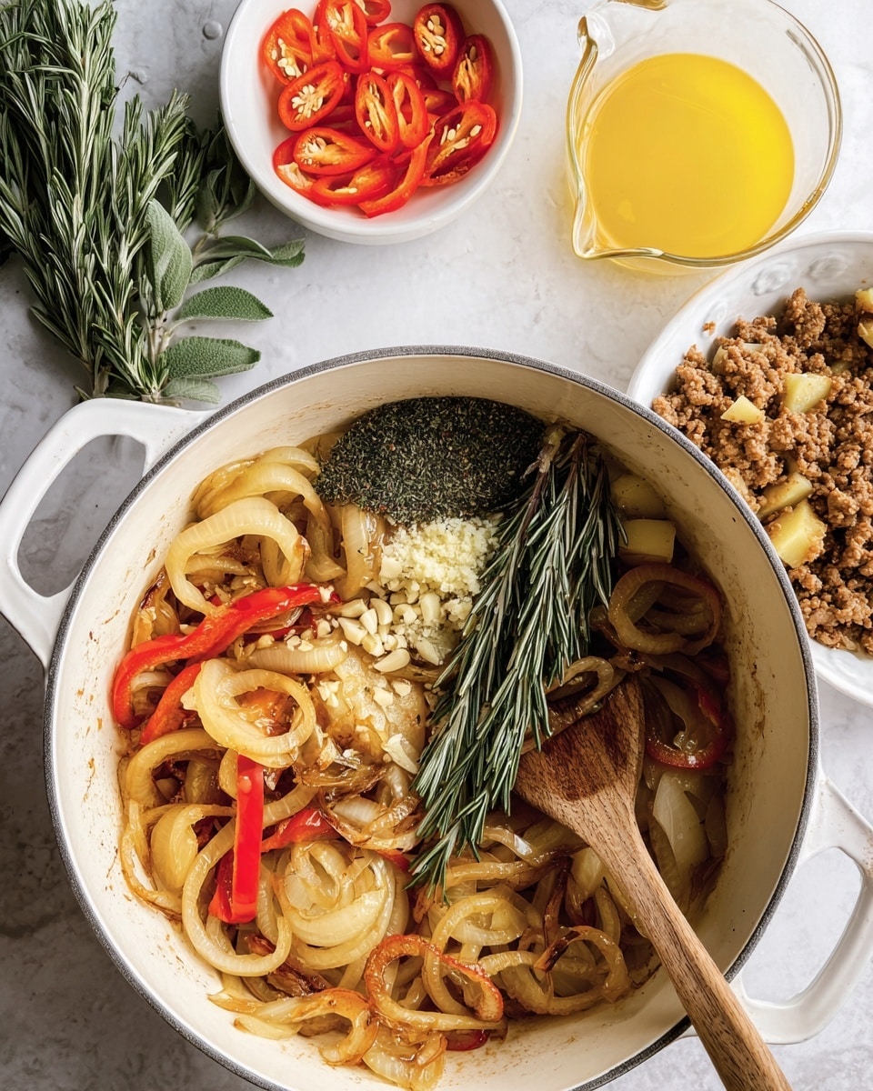 A white cooking pot filled with sautéed rings of golden brown onions and slices of red bell pepper is shown from above. On top of the vegetables, there is a small pile of chopped garlic, a heap of dried green herbs, and a sprig of fresh rosemary resting on a wooden spoon that lies inside the pot. To the right, there is a white oval dish with cooked ground meat mixed with pieces of cooked potatoes, showing textures of browned meat and soft potato. Above the pot, a glass measuring cup holds yellow melted butter. To the left, a small white bowl contains red and orange sliced chili peppers. Behind the bowl, fresh green herbs lay on a white marbled surface that covers the whole background. photo taken with an iphone --ar 4:5 --v 7