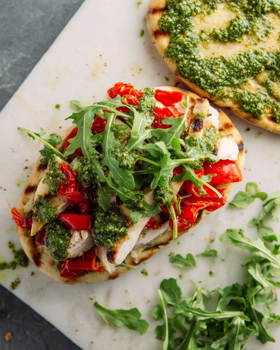 A sandwich is open with two halves visible on a white marbled surface. The bottom half has a grilled flatbread base with a layer of sliced light-colored grilled chicken, topped with bright red roasted pepper pieces, then a layer of fresh green arugula leaves covered with drizzled green pesto sauce. The top half of the sandwich has a similar flatbread spread evenly with the same green pesto sauce. Some fresh arugula leaves are scattered around the white marbled surface. Photo taken with an iphone --ar 4:5 --v 7