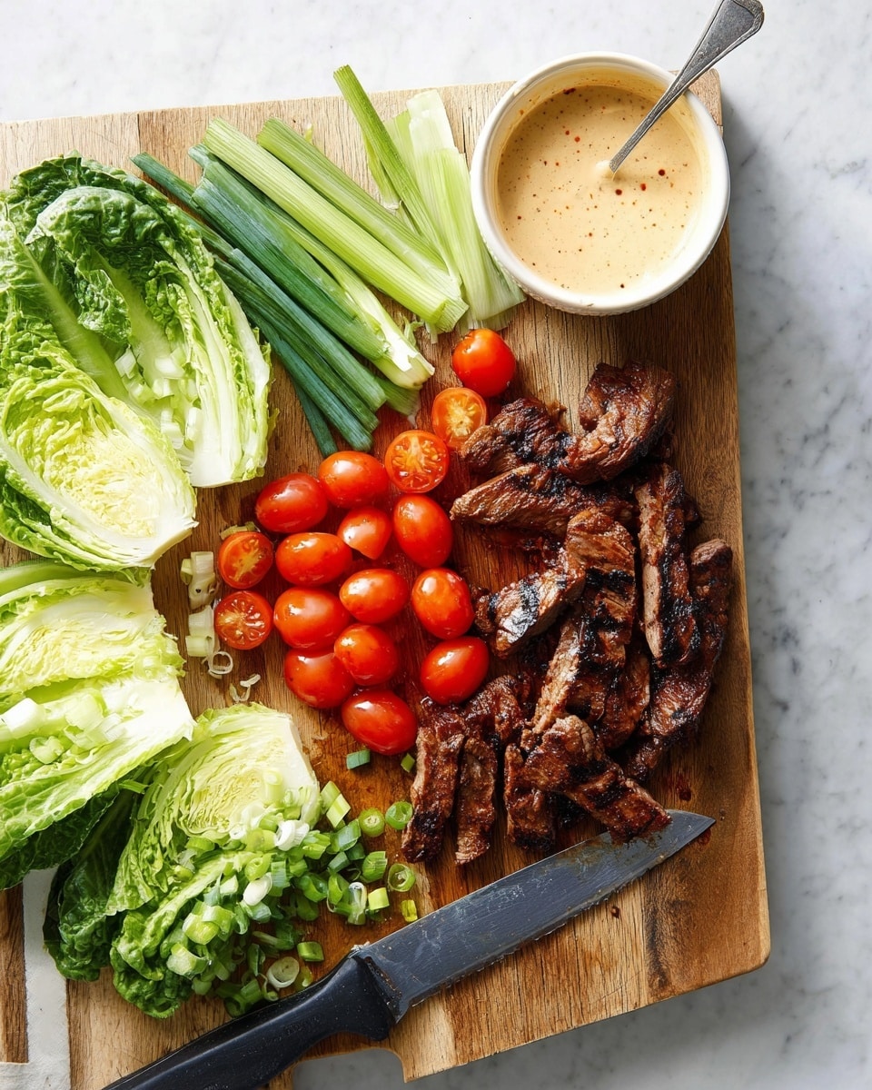 On a wooden cutting board, there are three main layers of ingredients: at the bottom left, fresh light green romaine lettuce leaves and darker green green onions are stacked loosely; in the middle, bright red cherry tomatoes are gathered in a small bunch; on the right side, several pieces of grilled, dark brown meat with char marks are arranged neatly. A large knife with a black handle lies on the bottom left corner of the cutting board, resting partially on the chopped lettuce. Above the cutting board, a small white bowl filled with creamy light brown sauce with specks sits on a white marbled surface, with a spoon dipped inside. The overall setting is bright and clean. Photo taken with an iphone --ar 4:5 --v 7
