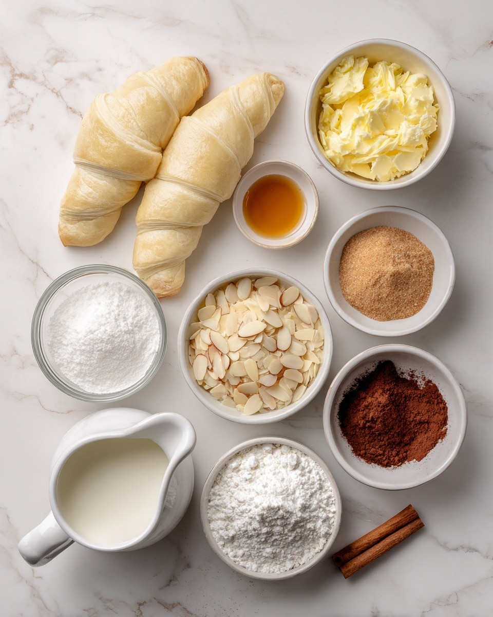 The image shows eight small white bowls and containers with baking ingredients on a white marbled surface. Two rolled crescent dough pieces are in the center, light beige and soft textured. To the top right is a bowl with melted bright yellow butter. Below it is a bowl with light brown powdered brown sugar. To the bottom right is a bowl with dark reddish-brown cinnamon powder and a small wooden spoon inside. At the bottom center is a bowl full of white powdered sugar with a fluffy texture. Below the dough to the left is a small white pitcher of milk with a smooth surface. To the upper left is a bowl filled with white sugar. Above it is a bowl with sliced almonds, thin and light beige with brown edges. At the very top center is a small white cup with clear almond extract. The background is a white marbled surface. Photo taken with an iphone --ar 4:5 --v 7