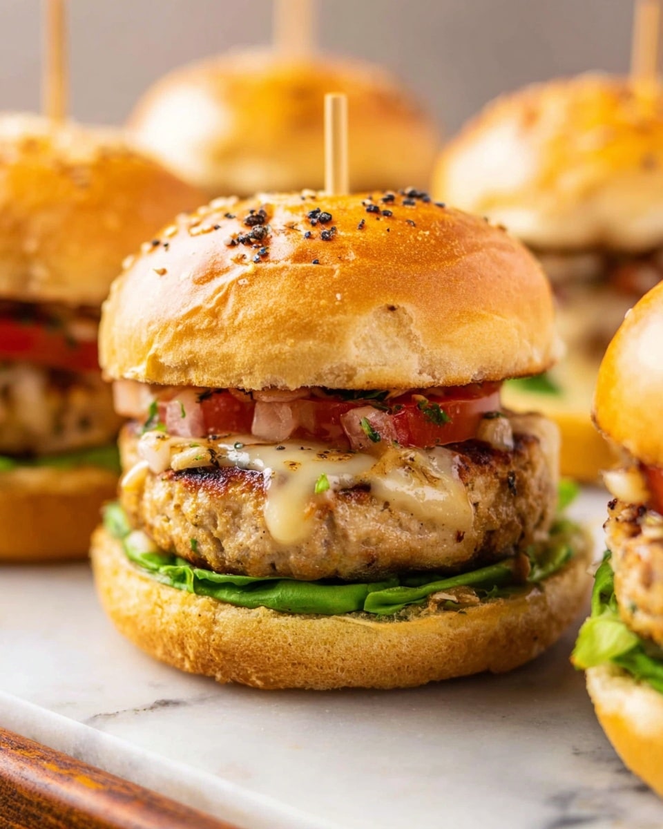 A close-up view of a sandwich sitting on a white marbled surface, showing four main layers: the top layer is a golden brown sandwich bun with small black sesame and onion bits on it; below that, there is a mix of chopped tomatoes and onions covered with melted light yellow cheese that slightly drips down the sides; next is a light beige patty with some grill marks, and underneath that is a bright green leaf of lettuce. The bottom layer is the matching sandwich bun base, also golden brown with a soft texture. The sandwich is held together by a wooden pick, and there are blurred similar sandwiches in the background. photo taken with an iphone --ar 4:5 --v 7