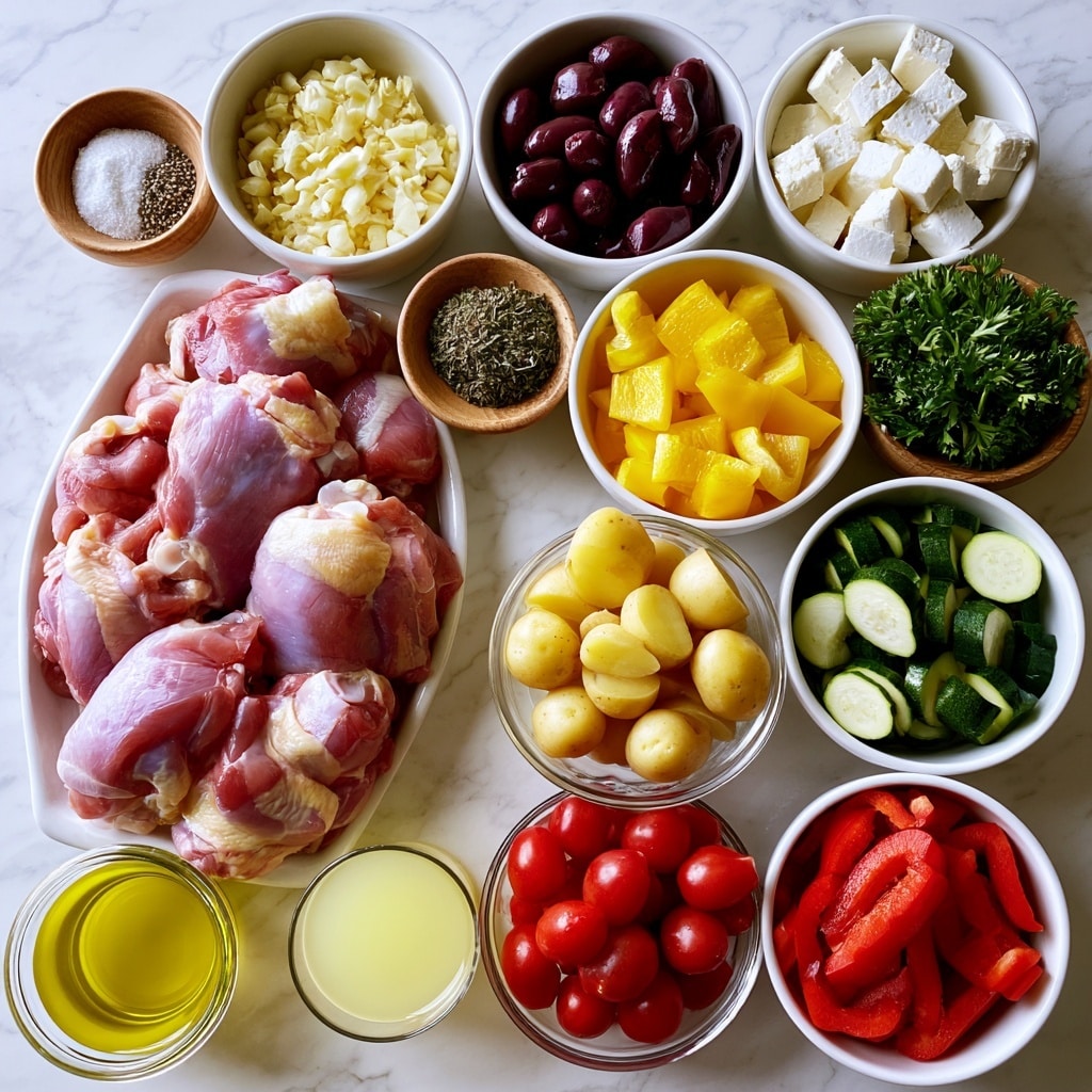 The image shows a white marbled surface with neatly arranged ingredients in separate white bowls and clear glass containers. Starting from the top left, there is a small wooden bowl with salt and pepper, a white bowl of chopped garlic, another white bowl with dark purple kalamata olives, and a third white bowl filled with white cubes of feta cheese. Next is a small wooden bowl containing dried oregano, another wooden bowl with chopped green parsley, and a long white tray holding raw chicken thighs with a pinkish color. Below these are a white bowl filled with yellow bell pepper chunks, a clear glass bowl with small yellow potatoes sliced in halves, another white bowl with sliced green zucchini, and a clear glass bowl containing small, red cherry tomatoes. Finally, there is a white bowl with bright red sliced bell pepper, a small glass jar with yellow olive oil, and a small glass with pale yellow lemon juice. Each ingredient is clearly separated and labeled, creating a colorful and fresh visual display. photo taken with an iphone --ar 4:5 --v 7