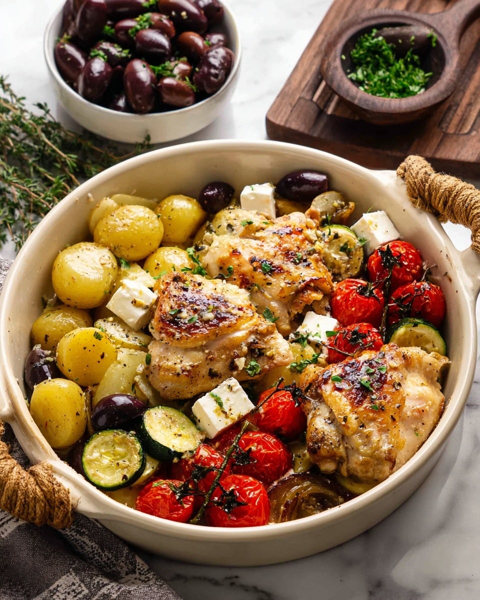 In a white bowl with rope handles, there is a layered dish starting with roasted vegetables including small yellow potatoes, green zucchini slices, and dark purple olives at the bottom. Above the vegetables, bright red roasted cherry tomatoes and white cubes of cheese are scattered, with fresh green herbs sprinkled on top. On the top layer, two pieces of golden-brown grilled chicken thighs, showing some char marks, rest slightly overlapping each other. In the background, there is a small white bowl filled with more dark olives, all placed on a white marbled surface. Photo taken with an iphone --ar 4:5 --v 7
