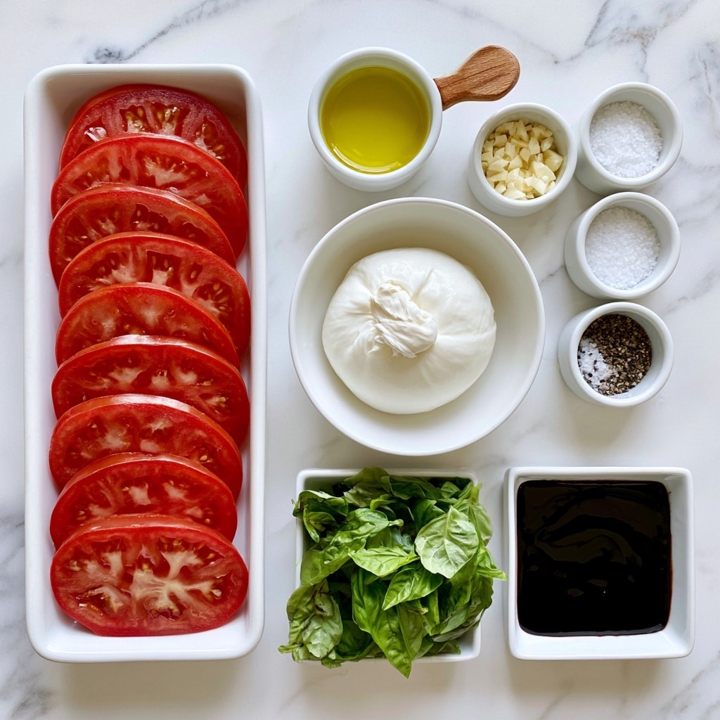 The image shows ingredients for a dish arranged neatly on a white marbled surface. On the left, there is a white rectangular dish filled with multiple layers of round, red tomato slices with visible seeds. In the center, a white bowl holds a single, smooth, round white burrata cheese with a folded top. Below the burrata, a small white square dish contains fresh green basil leaves with varied shades and textures. To the right of the basil, another small white square dish has thick, dark balsamic glaze. Above these, a small white cup contains bright yellow olive oil with a wooden handle. Next to it, three small white cups hold finely chopped garlic, coarse white sea salt, and a mix of salt and black pepper respectively. The overall setup is clean and organized. photo taken with an iphone --ar 4:5 --v 7