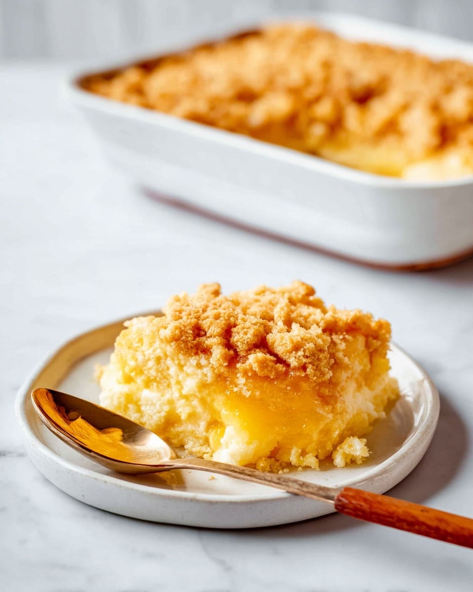 A white plate on a white marbled surface holds a serving of a three-layer dessert: the bottom layer is light yellow and soft, the middle layer is a more vibrant golden yellow with a slightly juicy texture, and the top layer is crumbly, golden brown with some small clusters. A spoon with a wooden handle rests on the plate, its bowl reflecting light. In the background, there is a white baking dish filled with the same dessert, showing the crumbly top layer clearly, along with a spoon inside it. photo taken with an iphone --ar 4:5 --v 7