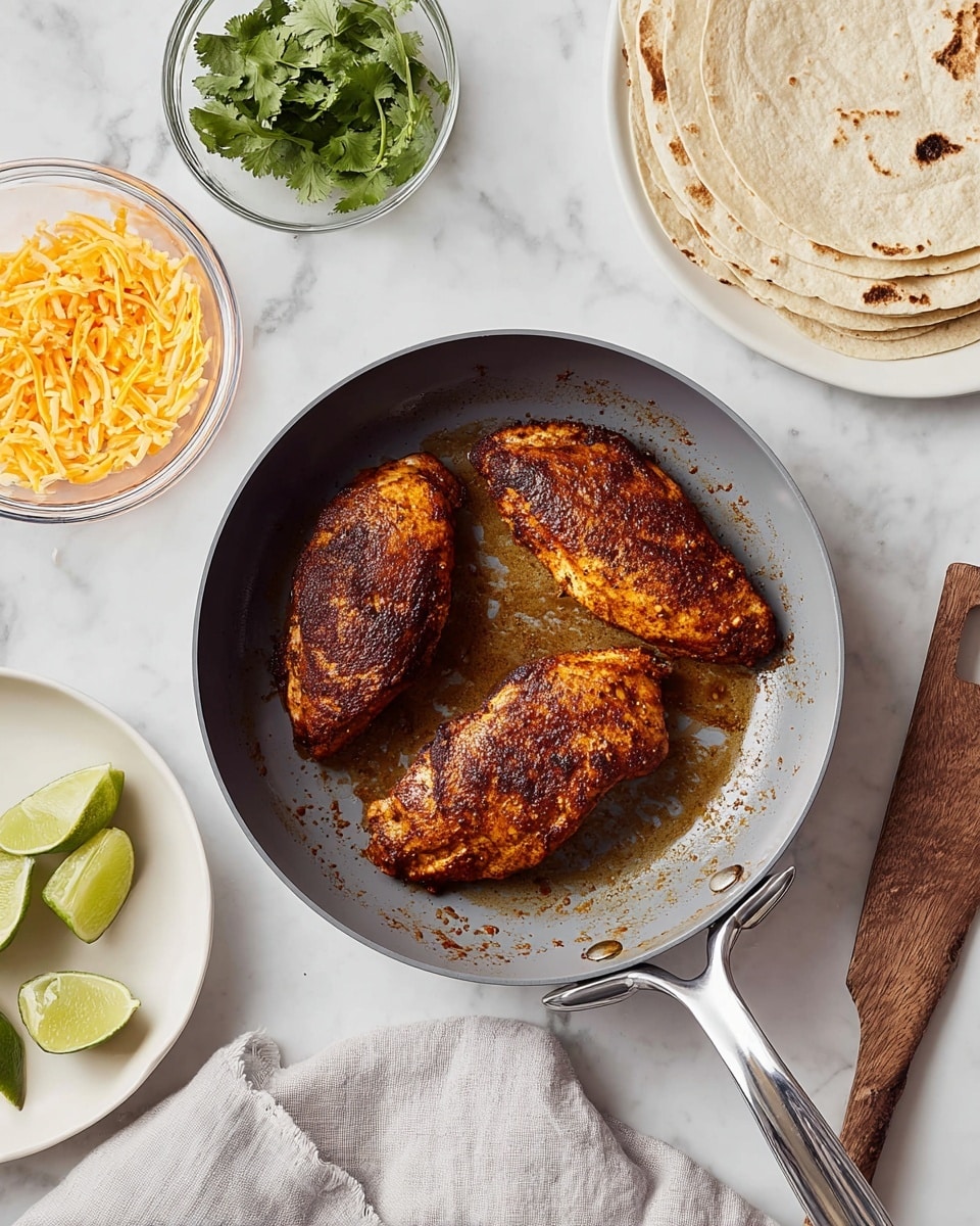 The image shows a grey frying pan with a shiny silver handle containing three cooked chicken pieces that are dark brown with a crispy, seasoned texture. The pan has some oil and browned bits around the chicken. To the top right of the pan, there is a white plate with stacked tortillas that are light beige with some brown spots. To the top left, there is a silver measuring cup filled with shredded orange cheese and a glass container of green fresh cilantro leaves. At the bottom left, there is a white plate with several lime wedges. A wooden spatula rests on the white marbled surface to the right, and a light grey cloth is placed on the lower left side. The overall setting is bright with soft natural light. Photo taken with an iphone --ar 4:5 --v 7