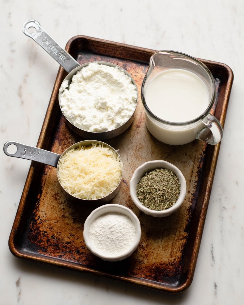 The image shows five ingredients on a worn baking tray with a brown rusty texture, placed on a white marbled surface. On the top left is a metal measuring cup filled with ricotta cheese, showing a thick and creamy white layer. Next to it on the right, there is a clear glass measuring cup with milk, smooth and white, halfway full. Below the ricotta cup, there is another metal measuring cup filled with pale yellow grated cheese, fluffy and fine. To the right of this is a small white ceramic bowl with dried green herbs, speckled with light brown bits. Below the herb bowl, there is a second small white ceramic bowl filled with fine white powder. The ingredients are neatly arranged, showing textures that range from creamy to powdery to leafy. Photo taken with an iphone --ar 4:5 --v 7