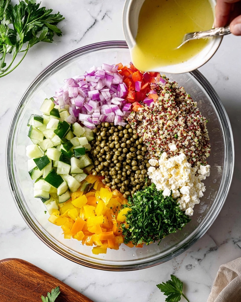 A clear glass bowl holds a colorful salad with seven distinct layers, arranged side by side without mixing. On the left, there is chopped green cucumber with a fresh, shiny texture, followed by small diced purple onions. Next to these is a mound of round, green capers with a glossy finish. In the center, there is cooked, fluffy quinoa with a mix of white, red, and brown grains. To the right of the quinoa is a small pile of bright green chopped parsley, then crumbled white feta cheese, and finally diced yellow and red bell peppers. Above the bowl, a silver spoon held by a woman's hand is pouring a light yellow dressing over the salad. The bowl is placed on a white marbled surface with scattered parsley leaves and a wooden cutting board partially visible at the bottom. Photo taken with an iphone --ar 4:5 --v 7