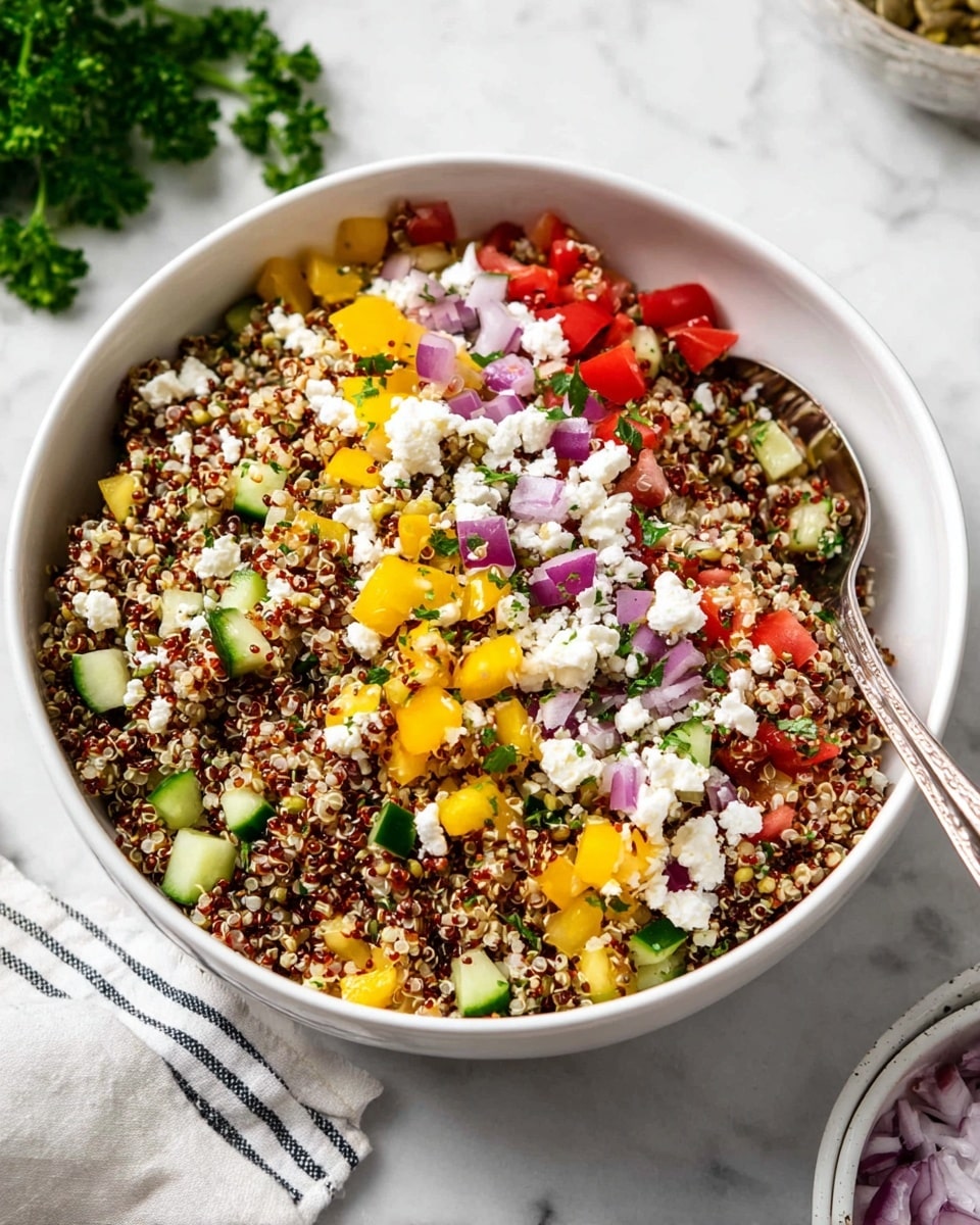 A large white bowl filled with a colorful quinoa salad sits on a white marbled surface. The salad has three main layers: a base layer of light and dark quinoa grains, mixed with chopped red, yellow, and green bell peppers, small diced cucumbers, and finely chopped red onion spread evenly throughout. White crumbled cheese and small green capers are sprinkled on top, adding texture and contrast. A silver spoon rests inside the bowl, its handle extending outward, while fresh chopped parsley and a lemon wedge are visible nearby. A small white sauce dish with yellow dressing sits above the bowl, and in the bottom right corner, a stack of white plates with four silver forks is positioned. photo taken with an iphone --ar 4:5 --v 7