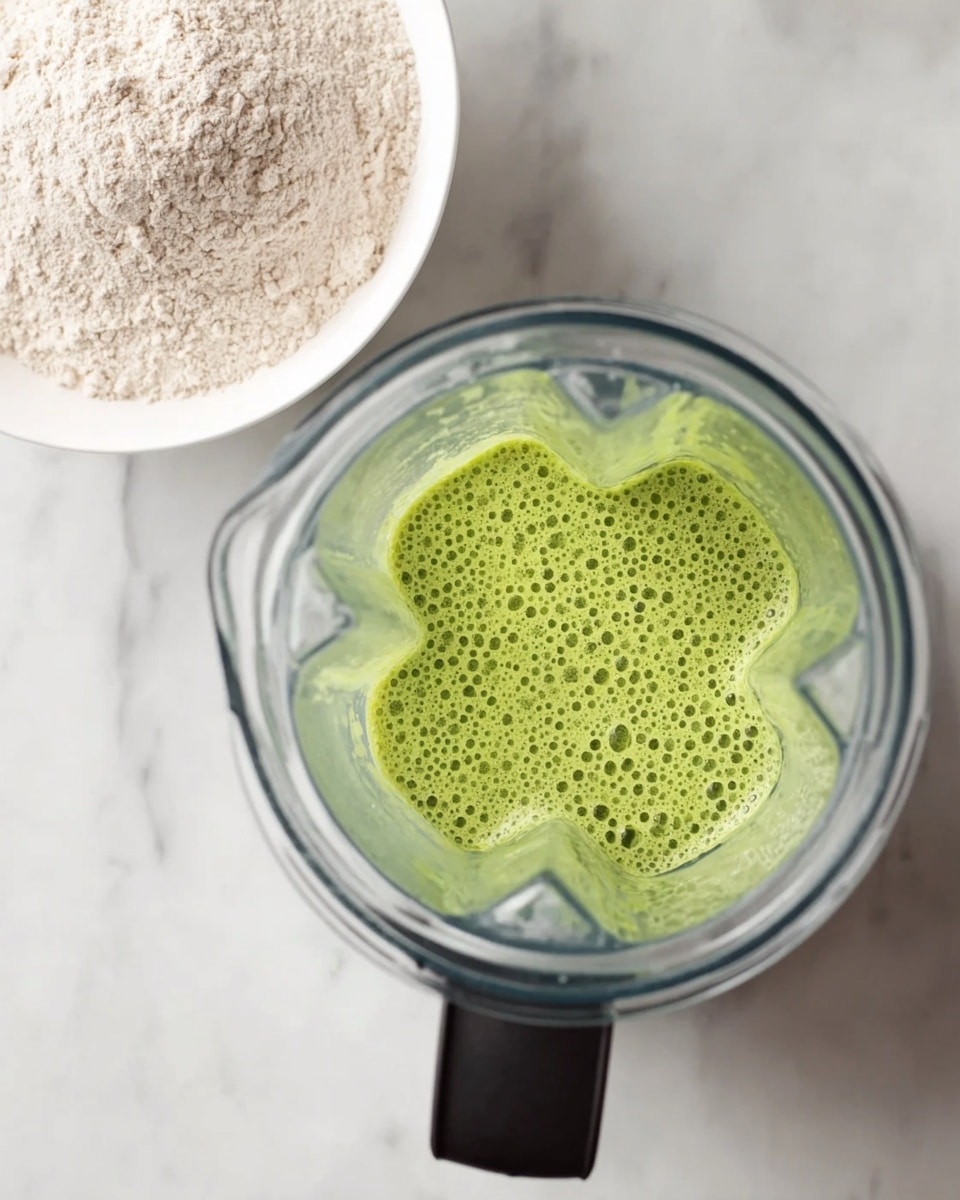 A clear blender jar filled about halfway with bright green liquid that looks smooth and foamy, bubbles spread evenly on the surface. Next to the blender, there is a white bowl filled with pale beige flour. Both rest on a white marbled surface with soft grey veins. The blender jar has a black lid handle visible at the bottom edge of the image. photo taken with an iphone --ar 4:5 --v 7
