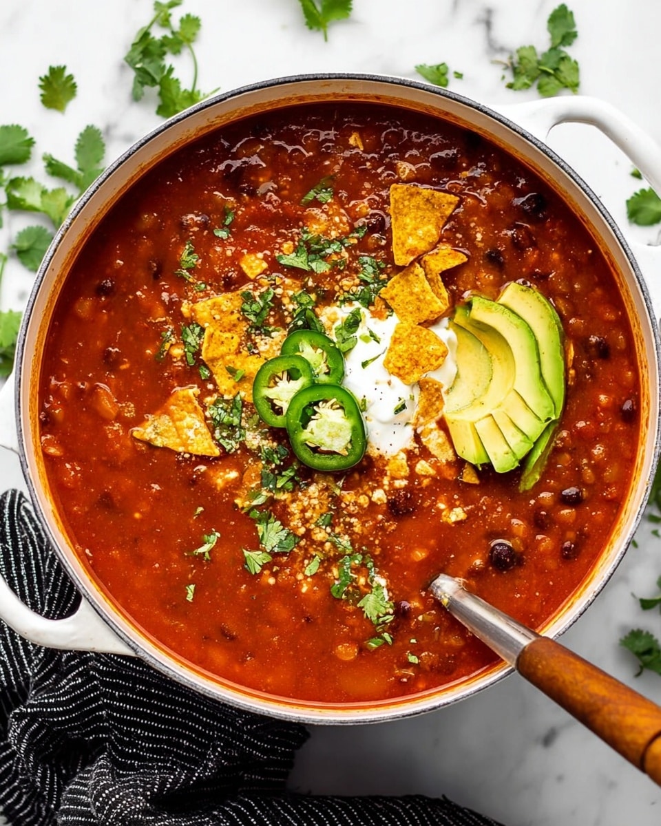 A white pot filled with thick red tomato soup with visible black beans and lentils, topped with a few slices of green avocado on the right side, two slices of green jalapeño peppers, a dollop of white sour cream near the center, sprinkled with small white cheese bits and golden crispy taco chips, all garnished with fresh chopped green cilantro leaves scattered over the top. A wooden spoon handle is visible on the lower right resting inside the pot. The pot is set on a white marbled surface with some green cilantro scattered around and a black and white striped cloth to the left. photo taken with an iphone --ar 4:5 --v 7