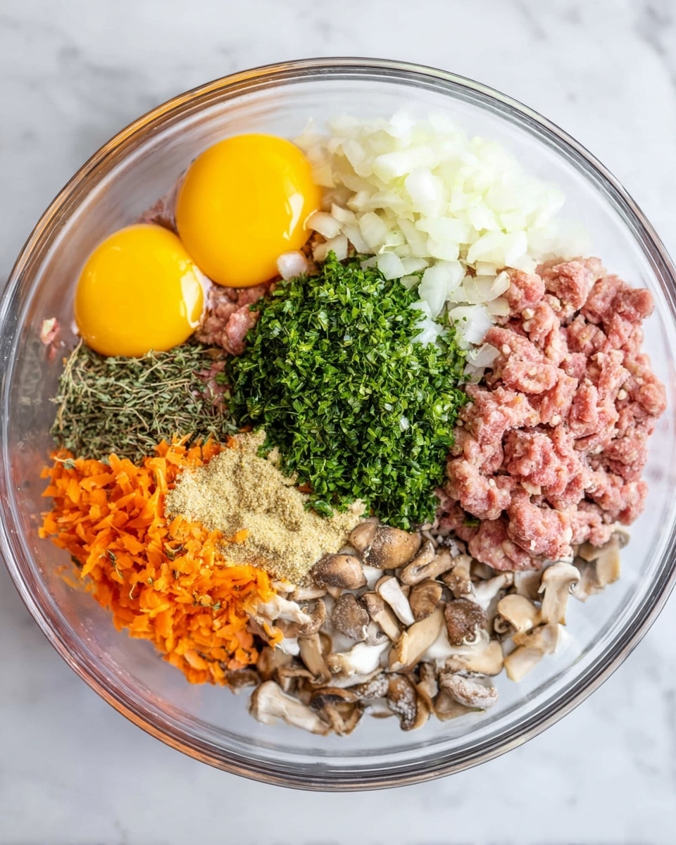 A clear glass bowl on a white marbled surface holds a mix of ingredients arranged in separate piles. Two bright yellow egg yolks rest on the left side over pink ground meat. Next to it is a pile of finely chopped white onions, and on top of that, a mound of vibrant green chopped herbs. Below is a small pile of pale beige mustard and some dried light brown thyme. A heap of light orange shredded carrots sits near the bottom left, and finely chopped mushrooms in light brown and cream tones cover the bottom center. The ingredients all have varied textures, with the smooth eggs, soft ground meat, and crisp vegetables clearly visible. Photo taken with an iphone --ar 4:5 --v 7