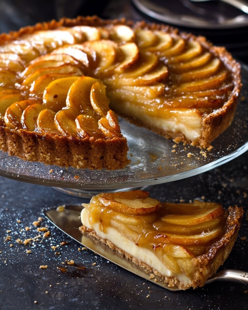 The image shows a round apple tart with a golden brown crust on the bottom, a creamy light beige filling in the middle, and thin apple slices arranged in overlapping concentric circles on top. The apple slices are glazed, giving them a shiny look with caramel brown edges. One slice is lifted on a metal spatula in front of the tart, showing the three layers clearly: the crunchy crust, smooth filling, and soft cooked apples. The tart sits on a clear glass cake stand, on a dark surface with some crumbs around. Photo taken with an iphone --ar 4:5 --v 7