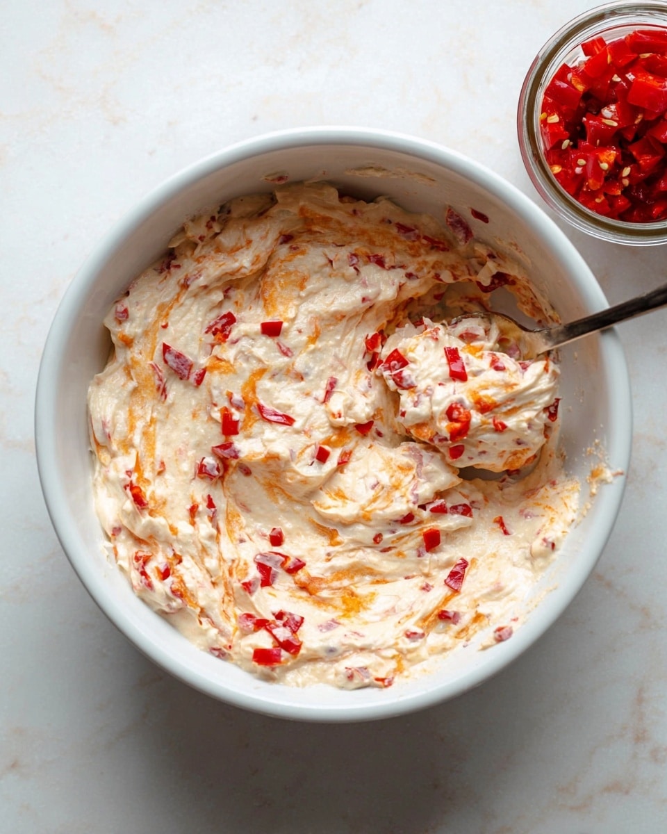 A white bowl filled with a creamy, thick mixture that has many small pieces of red and orange peppers spread evenly throughout. The texture looks soft and smooth with visible swirls showing the mix being stirred. A metal spoon rests inside the bowl, scooping some of the mixture. The bowl is placed on a white marbled surface, and in the upper right corner, there is a small glass jar filled with bright red chopped peppers. Photo taken with an iphone --ar 4:5 --v 7