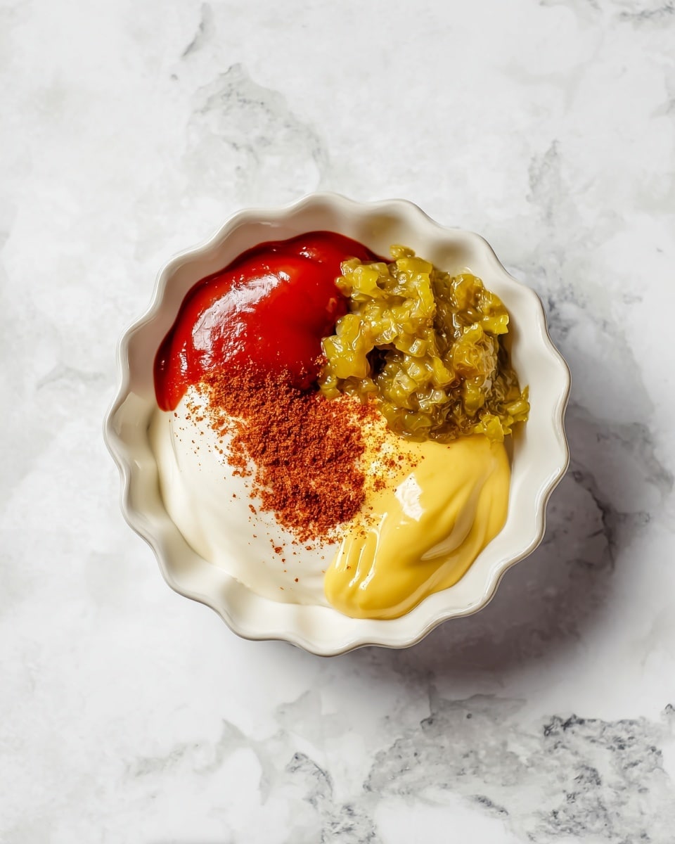 A small white scalloped bowl sits on a white marbled surface, filled with five different unmixed layers of condiments. The top left layer is a bright red smooth ketchup, next to it on the right is a chunky green relish with visible seeds. Below the relish is a thick, glossy yellow mustard. At the bottom left, there is a creamy white mayonnaise, and in the center, a small pile of reddish-brown dry seasoning powder scattered slightly over the mayonnaise and touching the other condiments. The textures vary from smooth to chunky, with vivid contrasting colors in a neat arrangement. Photo taken with an iphone --ar 4:5 --v 7