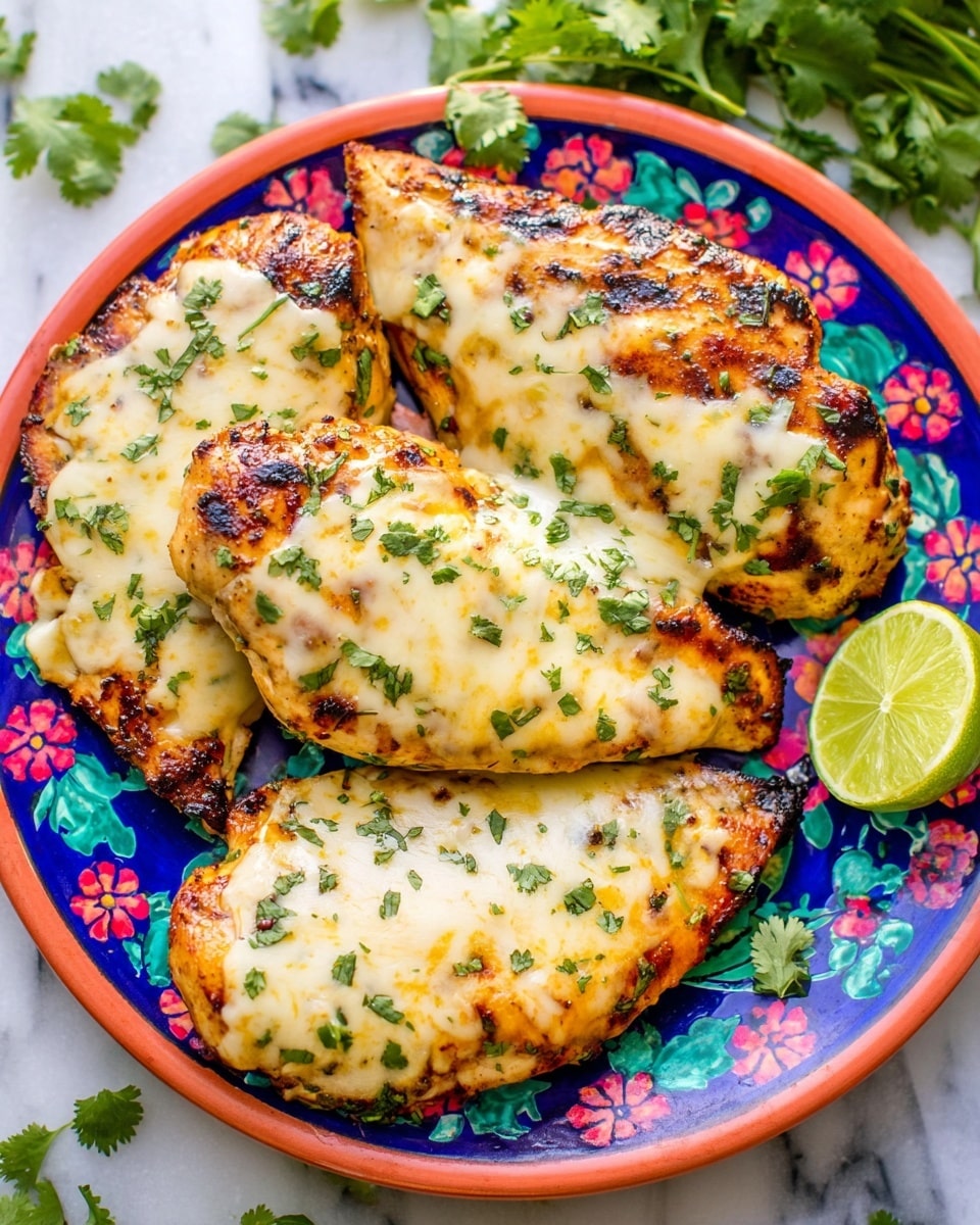 A white plate with blue and orange patterns holds four grilled chicken pieces covered with a creamy, light yellow sauce with visible small red and green specks. The chicken pieces show grill marks and are topped with scattered green cilantro leaves. Two lime halves sit on the plate, one near the top and one near the bottom of the chicken. The plate is placed on a white marbled surface with fresh cilantro sprigs around. A woman's hand uses a fork to hold one piece of chicken, and another woman's hand is holding a knife to cut it. Photo taken with an iphone --ar 4:5 --v 7