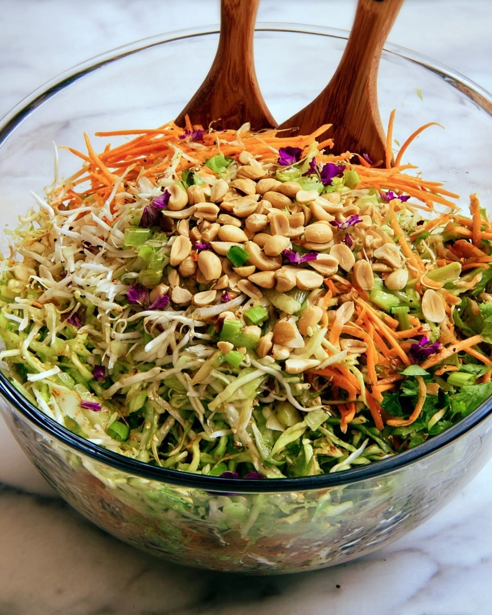 A clear glass bowl holds a colorful layered salad. The bottom layer shows green shredded vegetables mixed with small white pieces and thin orange strips. Above that, there are more green vegetables, small light brown seed-like pieces, and thin white noodle-like shapes. Scattered on top are sliced light brown nuts, small green chopped herbs, and tiny purple flower petals. Two wooden salad spoons rest inside the bowl. The bowl is placed on a white marbled surface. photo taken with an iphone --ar 4:5 --v 7