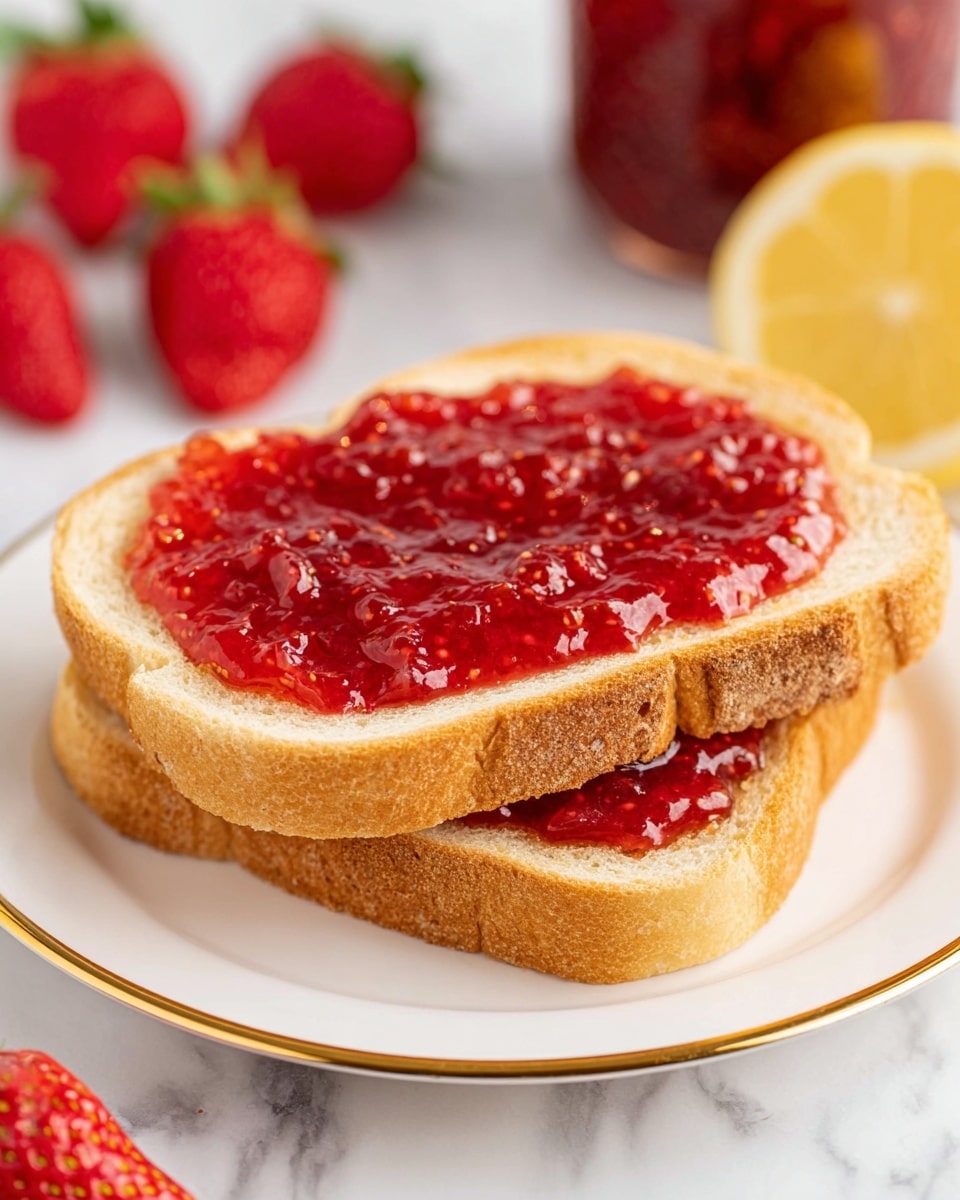 Two pieces of lightly toasted bread are stacked, with the top slice spread thickly with bright red chunky strawberry jam. The toast has a golden brown edge and a soft, light beige center. The bread sits on a white plate with a thin gold rim, placed on a white marbled surface. In the background, several fresh whole strawberries and a halved strawberry are visible, adding vibrant red and green tones, along with a halved lemon on the right side and a blurred container with more jam. The scene is well-lit, showing a fresh and appetizing look. photo taken with an iphone --ar 4:5 --v 7