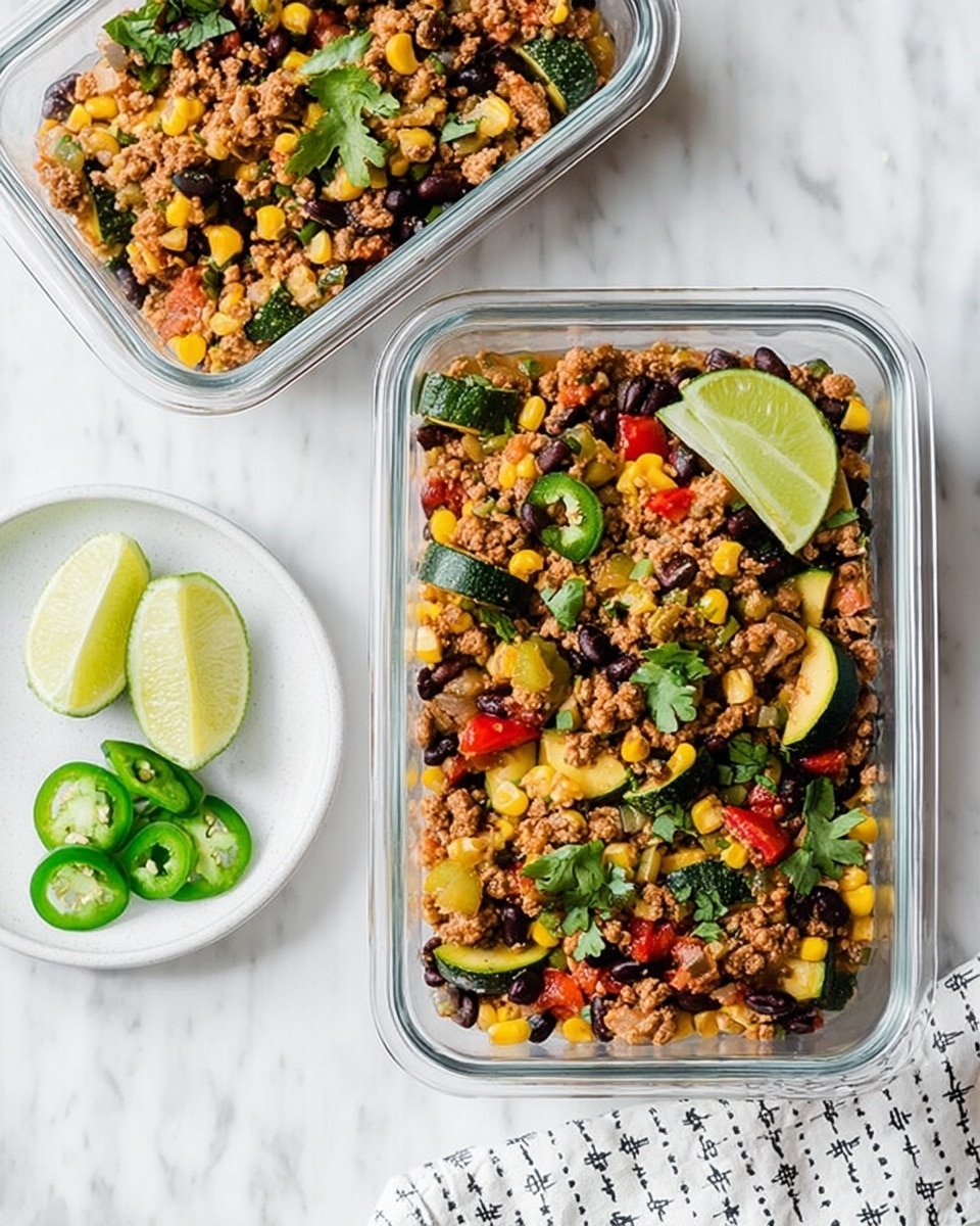 A rectangular glass container holds a colorful mix of cooked ground meat, bright yellow corn kernels, black beans, chopped green zucchini, and red bell pepper pieces, all topped with fresh green cilantro and a half lime wedge placed on the upper right corner. Another similar glass container with the same mixture appears partially in the top left corner. Below the containers, on a small white plate, there are three slices of green jalapeño and a wedge of lime. A white and black patterned cloth is partially visible in the bottom right corner, all set on a white marbled surface. Photo taken with an iphone --ar 4:5 --v 7