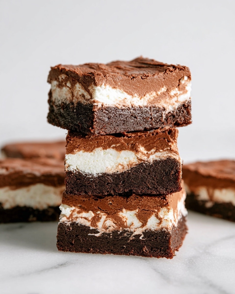 The image shows a stack of four square chocolate bars with three visible layers. The bottom layer is dark brown and looks dense and moist. The middle layer is white with some swirls of brown, giving it a fluffy and creamy texture. The top layer is a thick and smooth chocolate frosting with a slightly rough surface. The bars are stacked on a white marbled surface with a simple white background. photo taken with an iphone --ar 4:5 --v 7