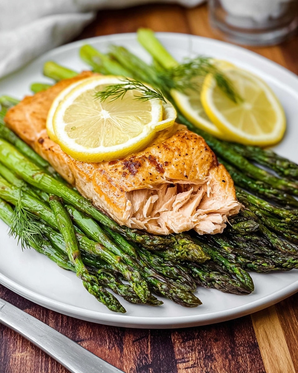 A white plate holds a bed of bright green asparagus spears neatly laid side by side, forming the bottom layer. On top sits a piece of grilled salmon with a golden-brown exterior, partially flaked to show its light pink inside. The salmon is garnished with two thin lemon slices and a small sprig of dill placed near the top edge. The plate rests on a wooden surface with a hint of a silver fork in the corner. The photo is taken with an iphone --ar 4:5 --v 7