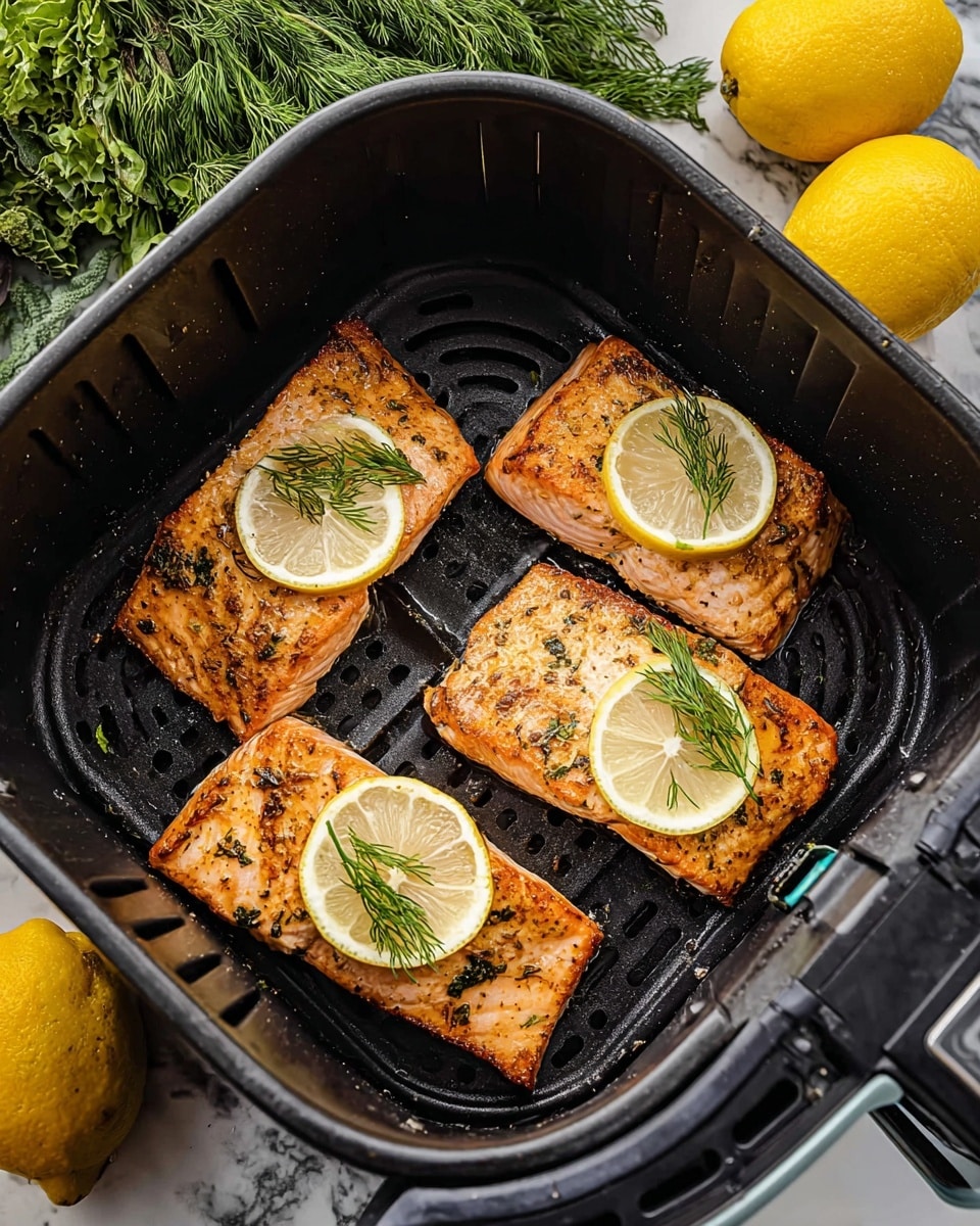 The image shows several grilled salmon fillets placed close together on a black metal grill with holes. Each salmon piece has a golden-brown grilled surface with visible grill marks and small black pepper spots spread across the skin. On top of each fillet rests a yellow lemon slice partially covered by a small green sprig of dill, adding freshness to the appearance. The texture of the salmon is slightly shiny, showing it is cooked but moist. The background is a white marbled texture. photo taken with an iphone --ar 4:5 --v 7