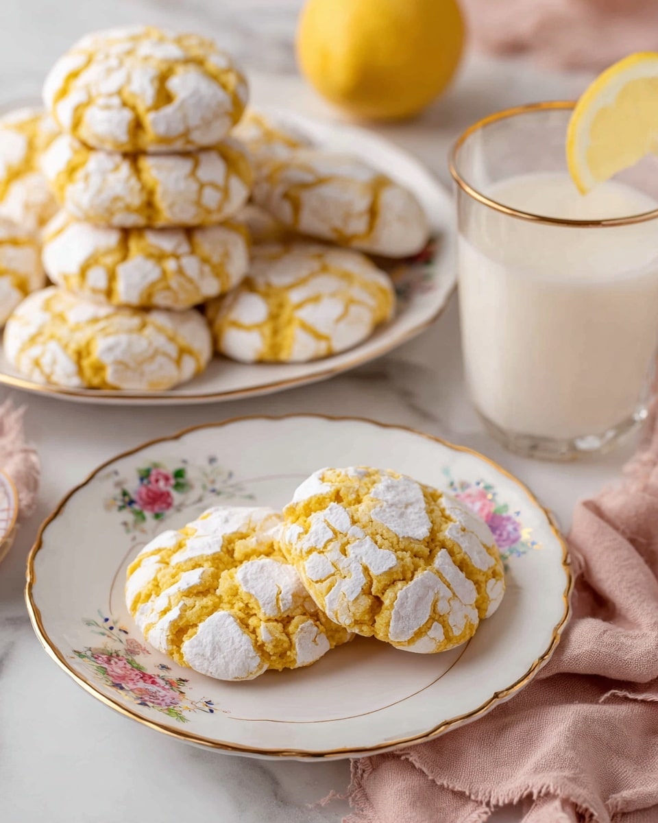 There are round yellow cookies with white cracked powdered sugar on top, placed in two layers on a white plate with small floral decorations and a gold rim; two cookies are front and center. Behind this plate, there is a stack of more cookies piled on a white plate with a gold rim. To the right, there is a clear glass filled with a creamy white liquid next to a lemon slice. Everything is set on a white marbled surface with a soft pink cloth partly visible under the plate. photo taken with an iphone --ar 4:5 --v 7