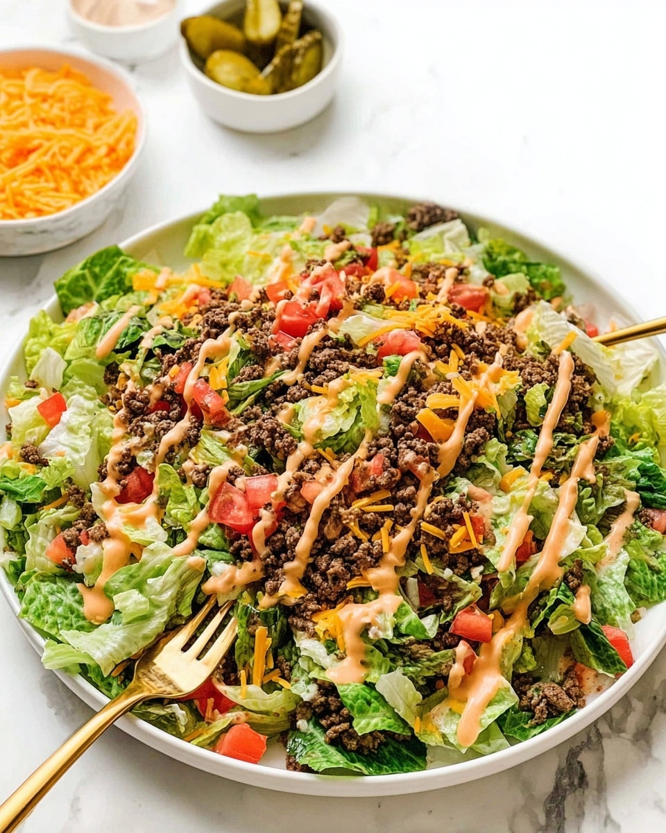 A large white plate filled with a layered taco salad sits on a white marbled surface. The bottom layer is fresh green chopped lettuce with varying shades from light to dark green. On top of the lettuce, there is a generous layer of browned ground beef mixed evenly throughout. Scattered on the beef are small diced pieces of bright red tomatoes and shredded orange cheddar cheese, adding a vibrant color contrast. Drizzled over the entire salad is a creamy, light orange dressing in thin lines. Two golden forks are placed in the salad, one on each side, lifting some salad. In the background, a small white bowl filled with shredded cheddar cheese and another small bowl with light green pickles can be seen slightly out of focus. The photo taken with an iphone --ar 4:5 --v 7