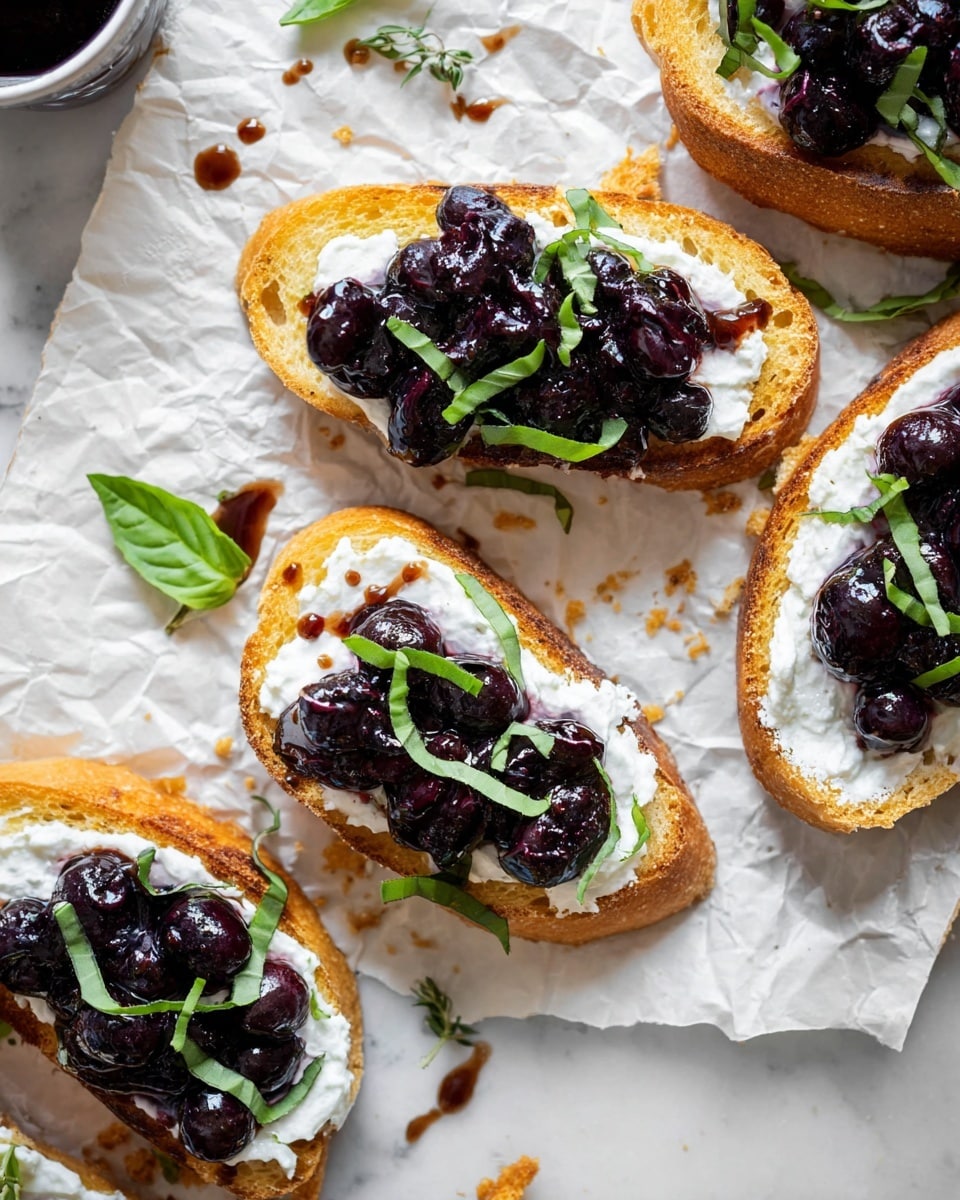 The image shows pieces of toasted bread topped with three clear layers: a golden brown crispy base of bread slices, a thick white creamy spread on top of each slice, and a topping of dark purple blueberry compote with whole blueberries. Bright green thin strips of fresh basil are scattered over the blueberry layer. The toasted bread pieces are placed closely on crinkled white parchment paper on a white marbled surface. Small drops of dark liquid and bits of basil are scattered around for decoration. Photo taken with an iphone --ar 4:5 --v 7