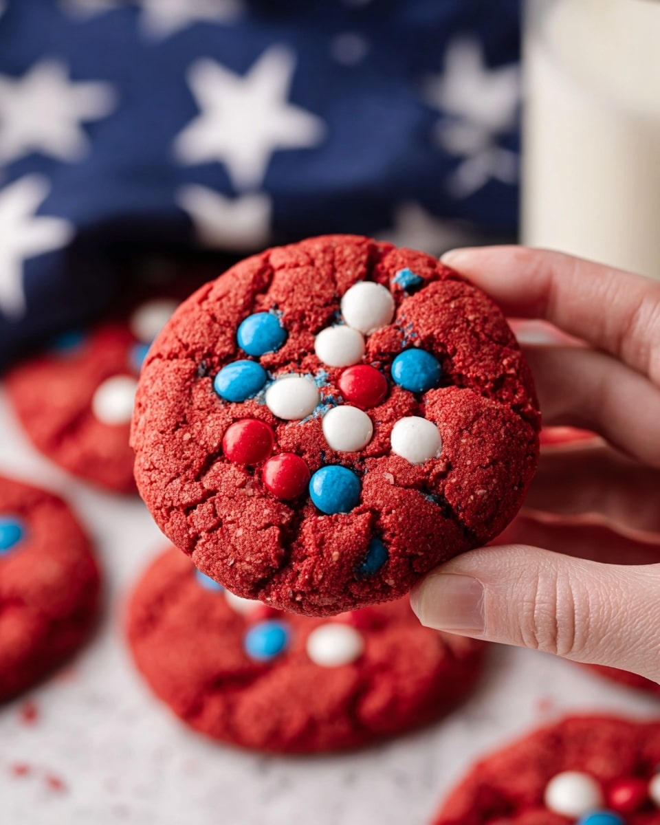 A close-up of a single red cookie with a rough, cracked texture, decorated with red, blue, and white candy pieces on top. The cookie is held by a woman's hand with light skin tone. In the background, there are more cookies scattered on a white marbled surface and a blurred glass of milk. The backdrop shows a blue cloth with white stars, giving a festive feeling. photo taken with an iphone --ar 4:5 --v 7