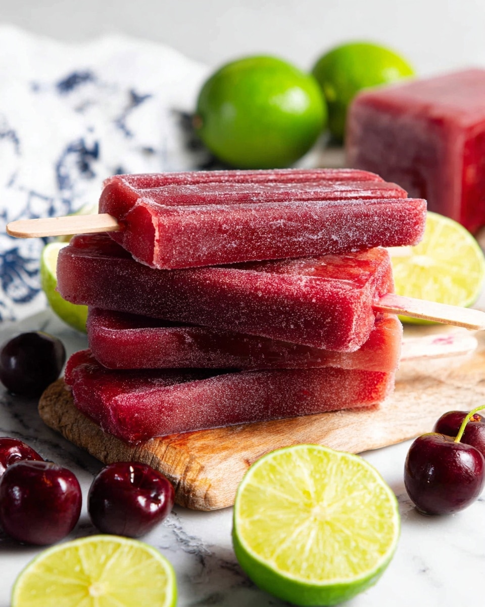 The image shows four red popsicles with a frosty texture, stacked on a light wooden board placed on a white marbled surface. The popsicles are rich dark red with a slightly uneven icy surface. Around the popsicles, there are green whole limes and lime slices showing their juicy yellow-green inside. Dark red cherries with shiny skins are scattered near the popsicles and limes, adding more color contrast. In the background, a wrapped block of red meat is slightly out of focus, with a white towel featuring a dark blue pattern partially visible behind the board. The image has soft, natural lighting that highlights the freshness and coolness of the popsicles and fruits. photo taken with an iphone --ar 4:5 --v 7