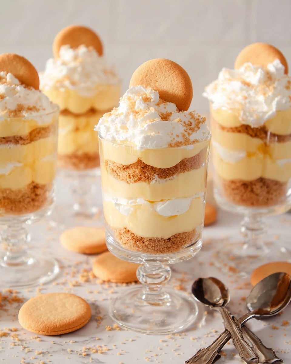 The image shows layered dessert cups in clear glass goblets with a short stem. Each goblet has four main layers: a crumbly light brown layer at the bottom, followed by a fluffy white layer of whipped cream or similar, then a creamy pale yellow layer in the middle, and another light brown crumbly layer on top. The desserts are finished with a thick layer of white whipped cream and sprinkled with crumbs. A single round light brown cookie stands upright on the whipped cream topping. More cookies and spoons are scattered around the white marbled surface where the goblets are placed. photo taken with an iphone --ar 4:5 --v 7