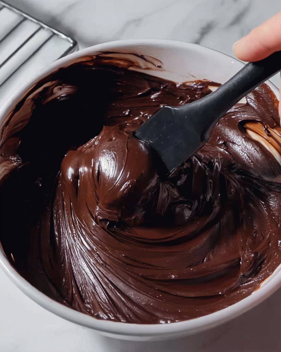 A close-up image shows a smooth, thick layer of dark chocolate spread inside a round white bowl. The chocolate has a shiny, rich texture with soft, flowing swirls from being stirred. A black spatula is partly dipped in the chocolate, lifting a dense scoop, and a woman's hand lightly holds the spatula. In the background, a white marbled surface is faintly visible. photo taken with an iphone --ar 4:5 --v 7