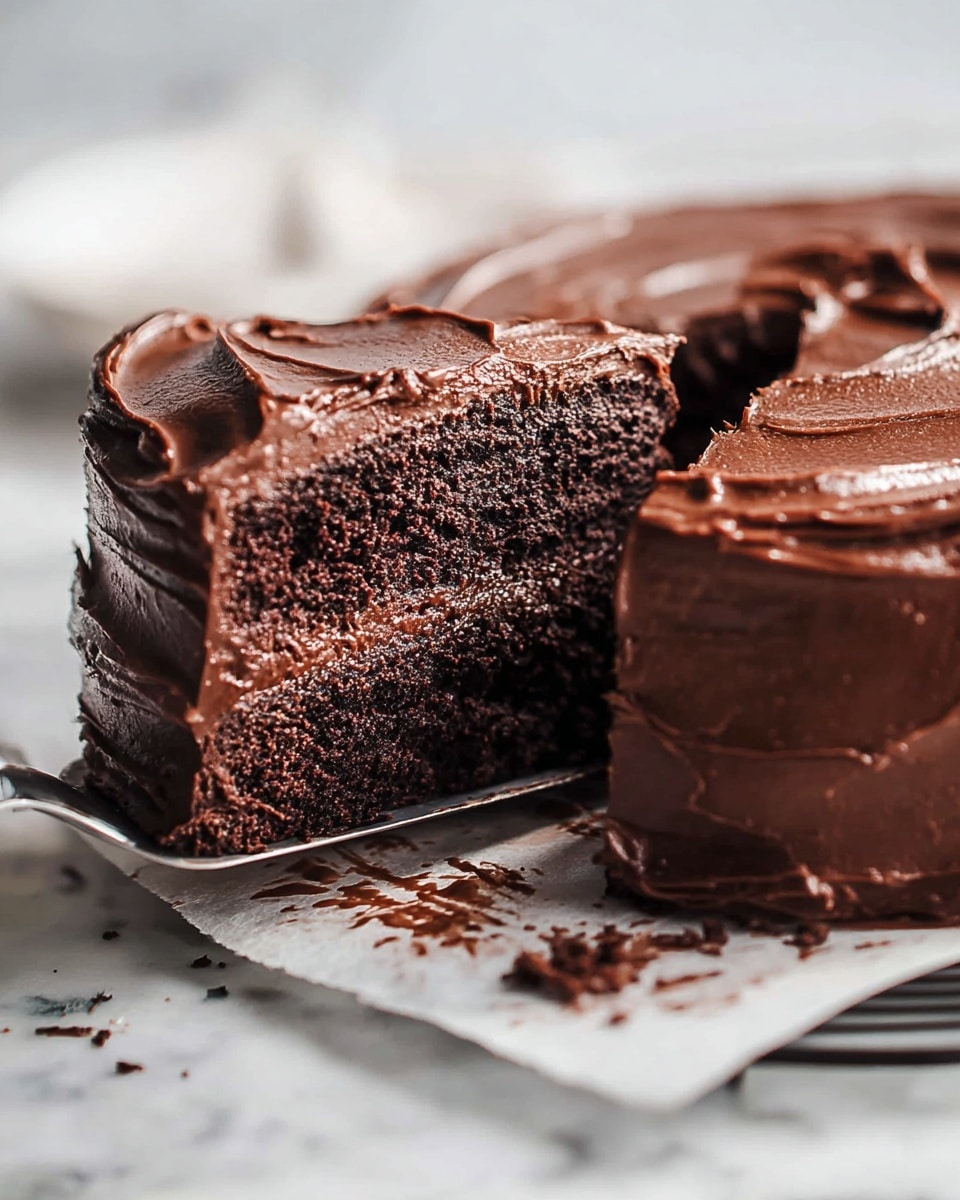 A close-up view of a three-layer dark chocolate cake with smooth, thick chocolate frosting covering the top and sides. The frosting has rich, shiny swirls on the top layer, while the cake layers inside have a moist, dense texture with darker crumbs. A metal spatula is lifting a slice from the cake, showing clean edges and some cake crumbs on the spatula. The cake sits on white parchment paper on a wire rack, all placed on a white marbled surface. The background is softly blurred with a light tone. photo taken with an iphone --ar 4:5 --v 7
