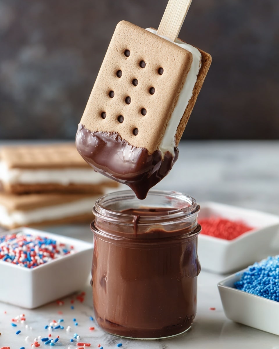 A close-up of a two-layer ice cream sandwich on a wooden stick, held just above a small jar of smooth chocolate sauce. The sandwich has a white creamy layer sandwiched between two light brown cookie layers with dark brown dots, showing a soft texture. The jar is clear, filled with rich shiny chocolate sauce, set on a surface with small white square bowls containing red, blue, and white sprinkles around it. The background is a white marbled texture with soft lighting. photo taken with an iphone --ar 4:5 --v 7