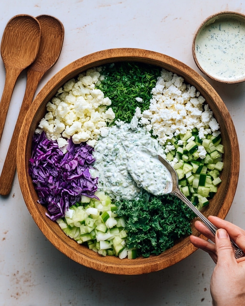 A large wooden bowl holds six brightly colored layers arranged in sections around the bowl: finely chopped white cauliflower, small diced green cucumber, crumbled white cheese, dark green chopped kale, chopped light green lettuce, and shredded purple cabbage. In the center, a silver spoon held by a woman's hand is spreading a creamy white sauce with green herbs over the greens. Next to the bowl are two wooden salad servers and a white bowl with more creamy sauce, all placed on a white marbled surface. Photo taken with an iphone --ar 4:5 --v 7