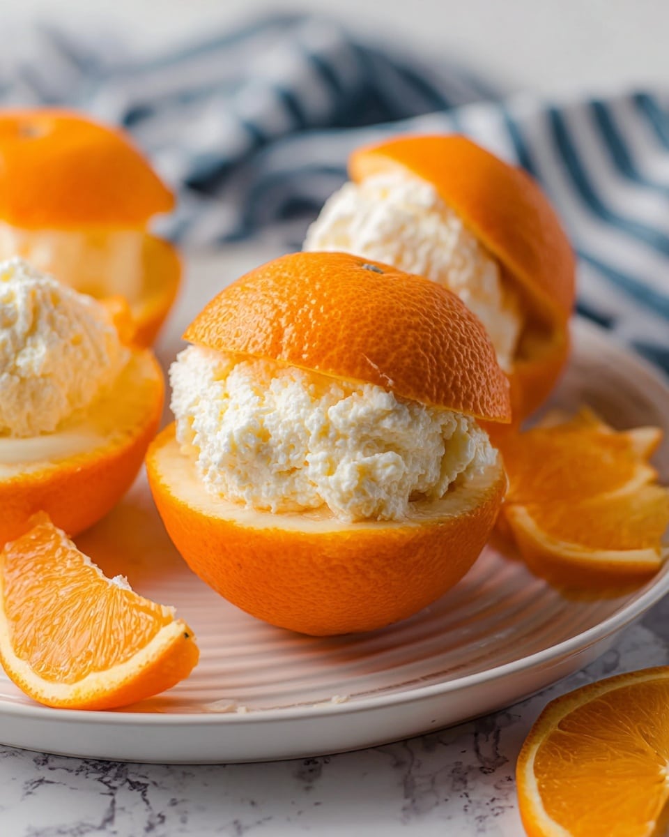 The image shows a dessert made inside hollowed-out bright orange citrus fruit shells, with the tops placed slightly to the side. Each fruit has a creamy, fluffy white filling that is textured and slightly spilling out between the top and bottom halves. The dessert is served on a white plate with soft ridges, sitting on a white marbled surface. There is a striped blue and white cloth softly blurred in the background and some orange slices placed around the plate. photo taken with an iphone --ar 4:5 --v 7