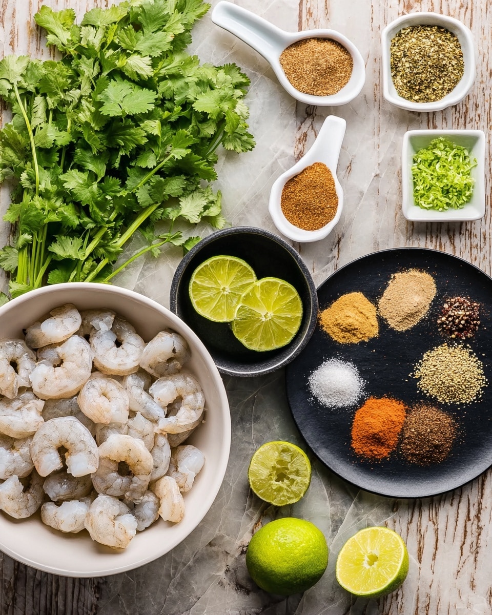 A top view of a food prep scene with a white bowl full of raw shrimp in the bottom left, showing pale pink and light grey colors with a soft texture. To the right, a small black bowl holds bright green lime wedges with shiny surfaces. Above the shrimp, two white measuring spoons contain brown spice powder, positioned next to a small white square dish holding finely grated green zest. At the top right, a large black plate displays nine neat piles of different spices arranged in a circle with various colors and textures: light tan powder, reddish-orange powder, coarse white salt, crushed black and white pepper, dried green herb flakes, ground beige powder, dark brown powder, dried seedlings, and chili flakes. To the left of the spices, fresh, leafy bright green cilantro spreads out across the white marbled surface. The entire setup is placed on a white marbled textured background. Photo taken with an iphone --ar 4:5 --v 7