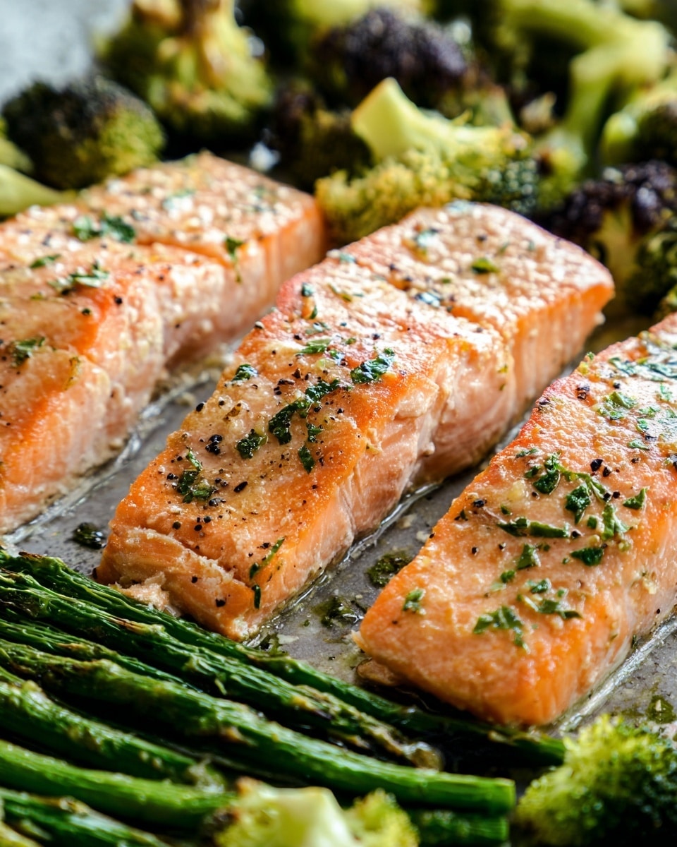 The image shows three pieces of cooked salmon fillets placed side by side, each with a slightly crispy, light orange surface sprinkled with green herbs and black pepper. Below the salmon, there is a layer of green asparagus spears, cooked but still firm. In the background, scattered roasted broccoli florets add dark and light green colors with some browned edges. The dish is placed on a white marbled surface. Photo taken with an iphone --ar 4:5 --v 7