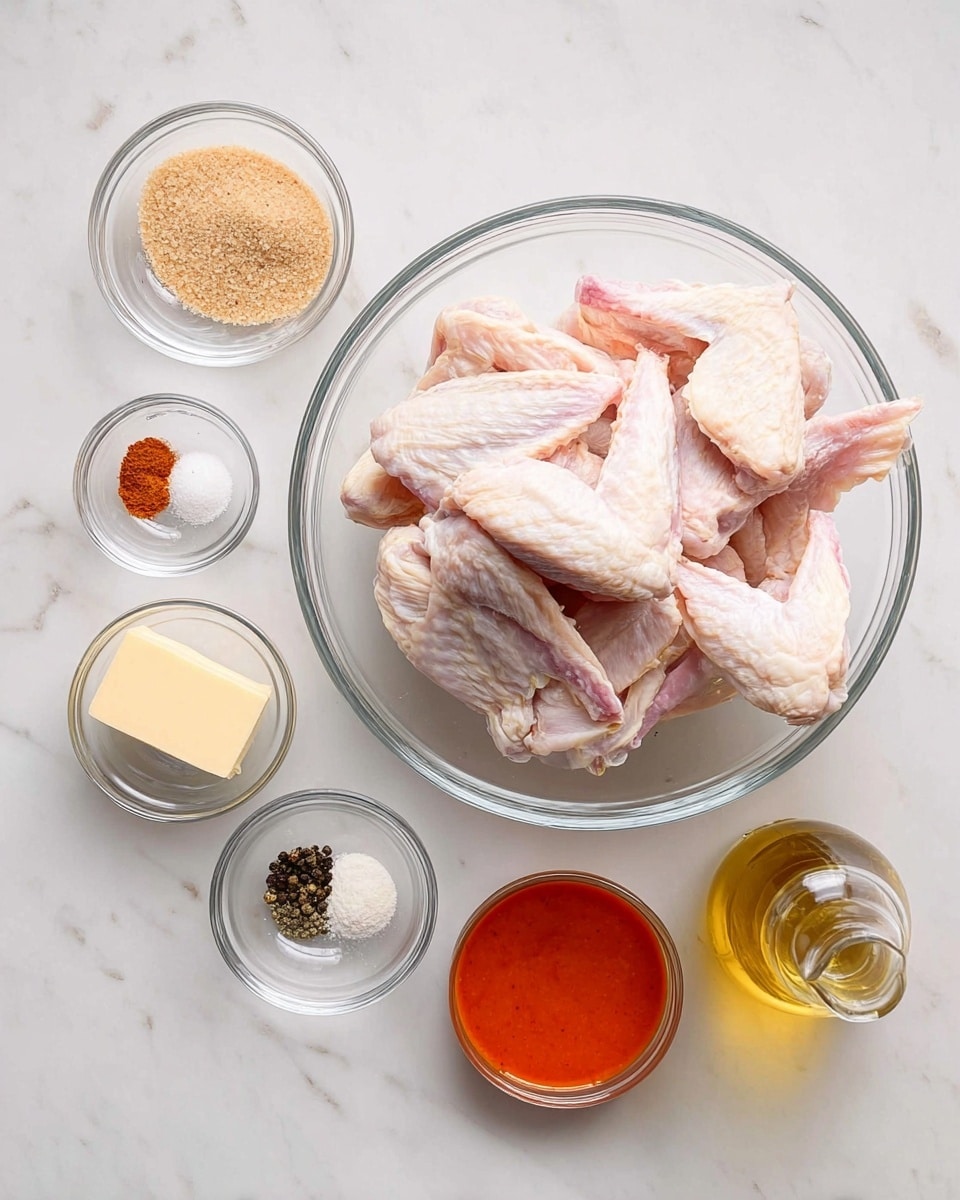 In the center, there is a clear glass bowl filled with raw chicken wings showing pale pink and white skin with visible texture and joints. Surrounding the main bowl, there are four small clear glass bowls: one at the top left with light brown sugar grains, one below it containing a small square of pale yellow butter, and one at the bottom left holding five different spices in distinct small piles with colors of black, white, beige, orange-red, and off-white. On the right side near the center, there is a small clear glass bowl with orange-red hot sauce, and below it, a clear small bottle with light golden olive oil stands upright. All items rest on a white marbled surface, the lighting is bright, and the scene looks clean and organized. Photo taken with an iphone --ar 4:5 --v 7