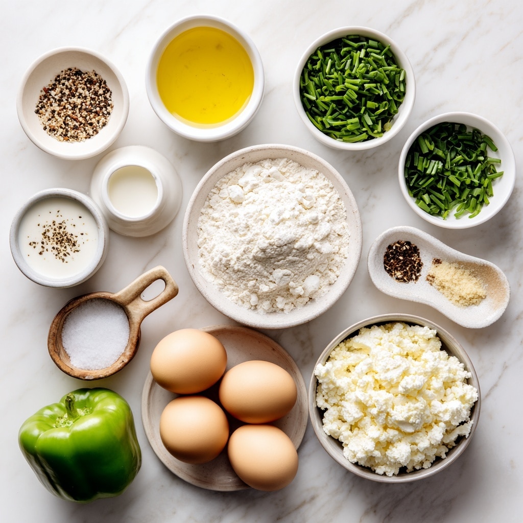 The image shows various cooking ingredients arranged neatly on a white marbled surface, each in separate small white bowls except for a green bell pepper placed directly on the surface. From the top, a small white bowl with light yellow avocado oil sits center, with a similar bowl of chopped dark green chives on the right. Below the oil, a round white bowl holds white all-purpose flour, with small measuring spoons holding white baking powder and white milk nearby. To the left, a small white bowl contains seasoning with light beige and black specks, and below it, three light brown eggs rest in a white bowl with small brown spots. To the right of the flour, there's a white bowl filled with textured white cottage cheese, and below that, a small bowl with light yellow Parmesan cheese with a slightly grainy texture. The whole arrangement displays a variety of colors and textures ranging from smooth liquid oils and milks to grainy flours and cheeses. Photo taken with an iphone --ar 4:5 --v 7