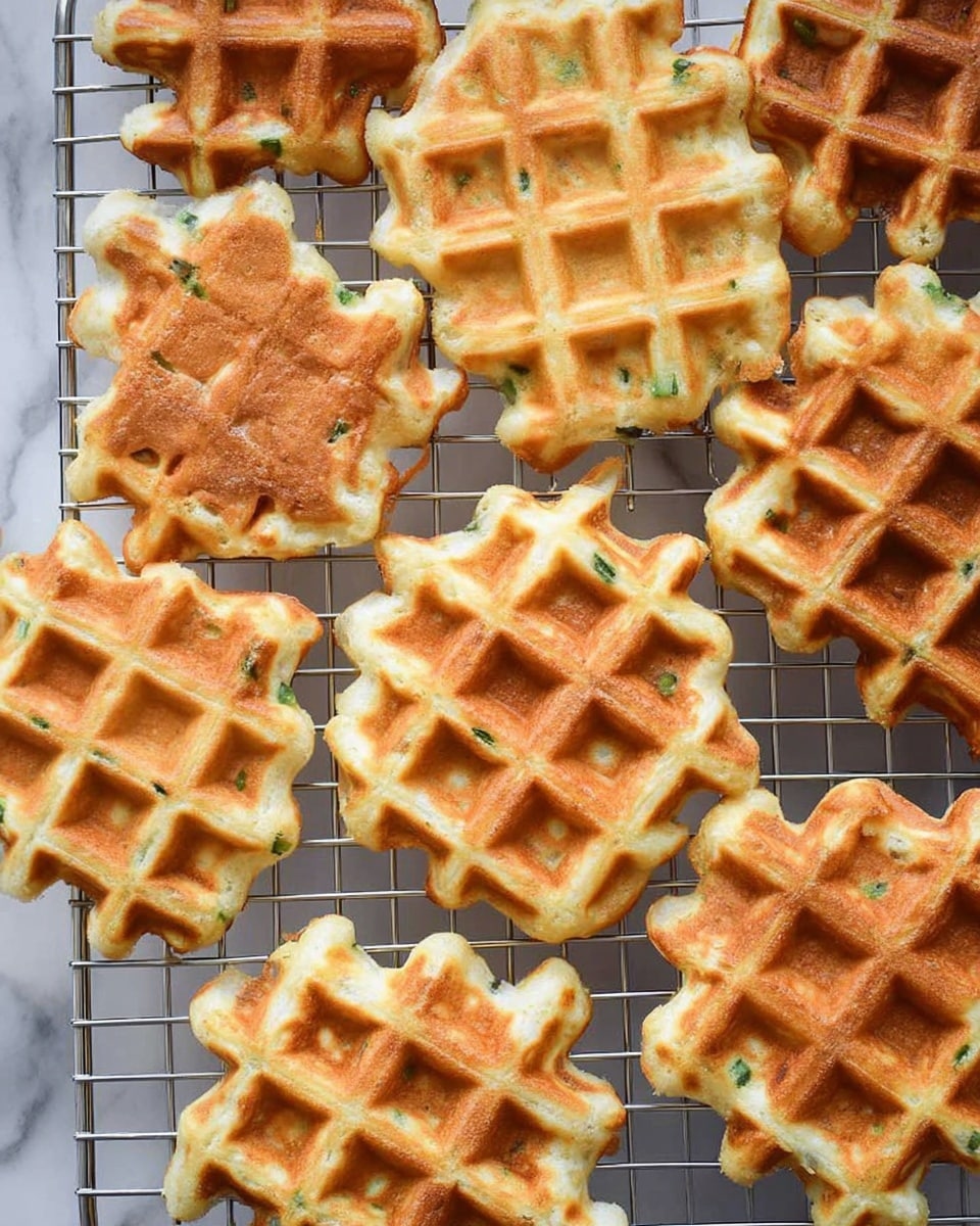 Several golden brown waffles with a crispy texture are spread out on a silver cooling rack. Each waffle has a classic grid pattern with some parts showing a light tan color while others are more evenly browned. There are small green herb bits visible inside the waffles, adding subtle color contrast. The background is a white marbled texture. photo taken with an iphone --ar 4:5 --v 7