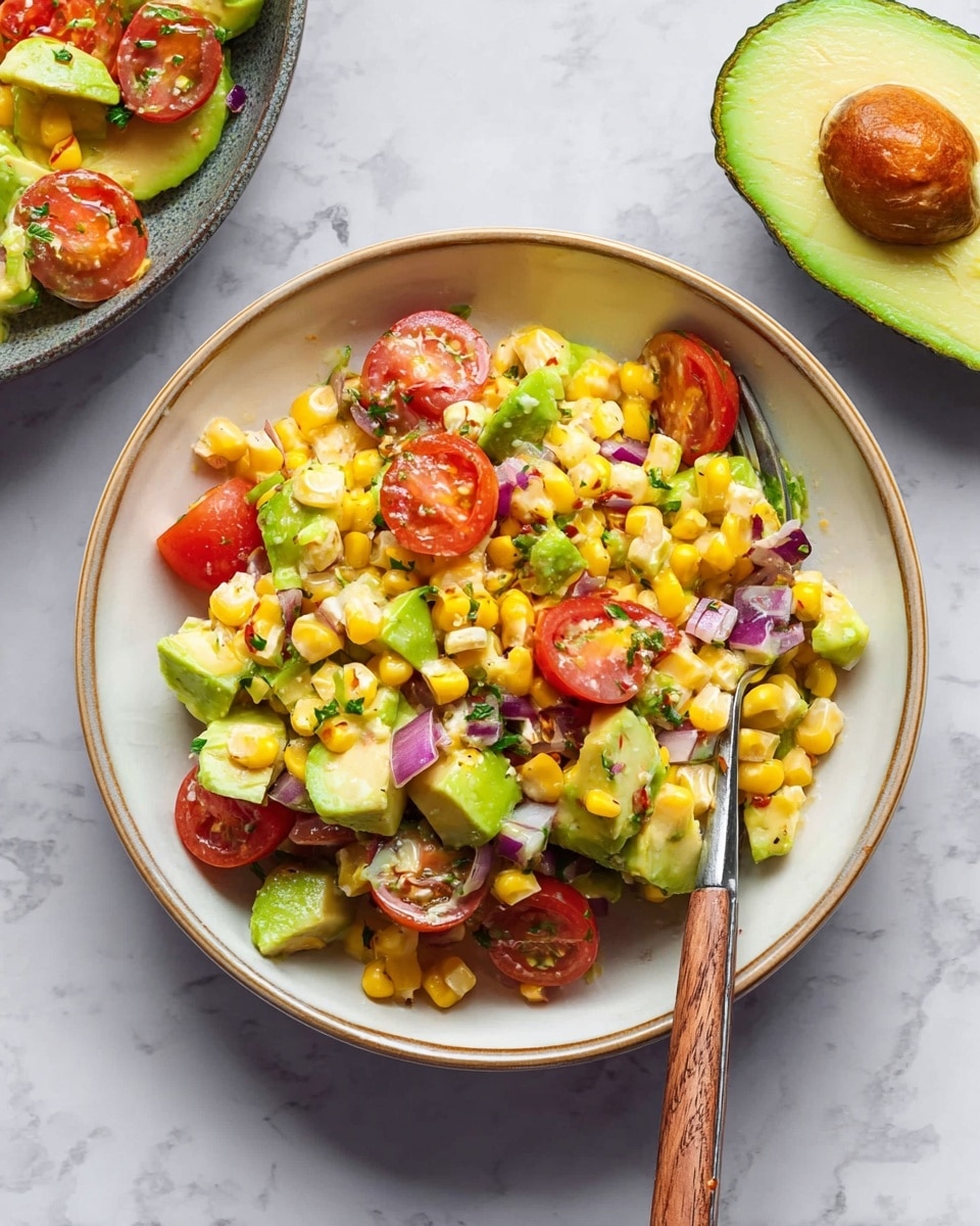 A white bowl with a light brown rim holds a colorful salad made of three main layers: bright yellow corn kernels, green avocado chunks, and halved red cherry tomatoes mixed with small pieces of purple onion and green herbs, all tossed together with a slight shine from dressing. The bowl sits on a white marbled surface, next to a half avocado showing its green flesh and large brown seed. A fork with a wooden handle rests inside the bowl. photo taken with an iphone --ar 4:5 --v 7