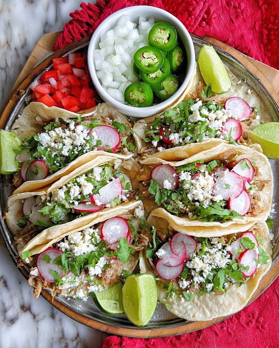 The image shows a tray with five soft tacos arranged closely, each taco made of a light beige tortilla folded in half. Inside each taco, there is a first layer of green cilantro leaves, followed by thin slices of white onion and round radish slices with white centers and red edges. Next, slices of deep green jalapeño peppers are spread throughout, topped with small diced red tomatoes. White crumbled cheese is sprinkled over the top of the fillings. Four lime wedges with bright green rinds and pale green flesh are placed on the edges of the tacos. In the upper left corner, there is a white bowl filled in four sections with finely diced white onions, diced red tomatoes, sliced radishes with white and red colors, and sliced jalapeños in dark green color. The background surface is white marble, and there is a red and white checkered cloth near the upper right corner. Photo taken with an iphone --ar 4:5 --v 7